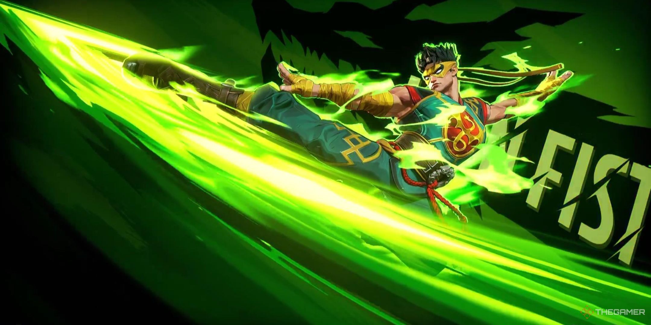 Iron Fist kicks towards the left with green energy trailing behind him, Chi glowing off of his entire body, in Marvel Rivals.