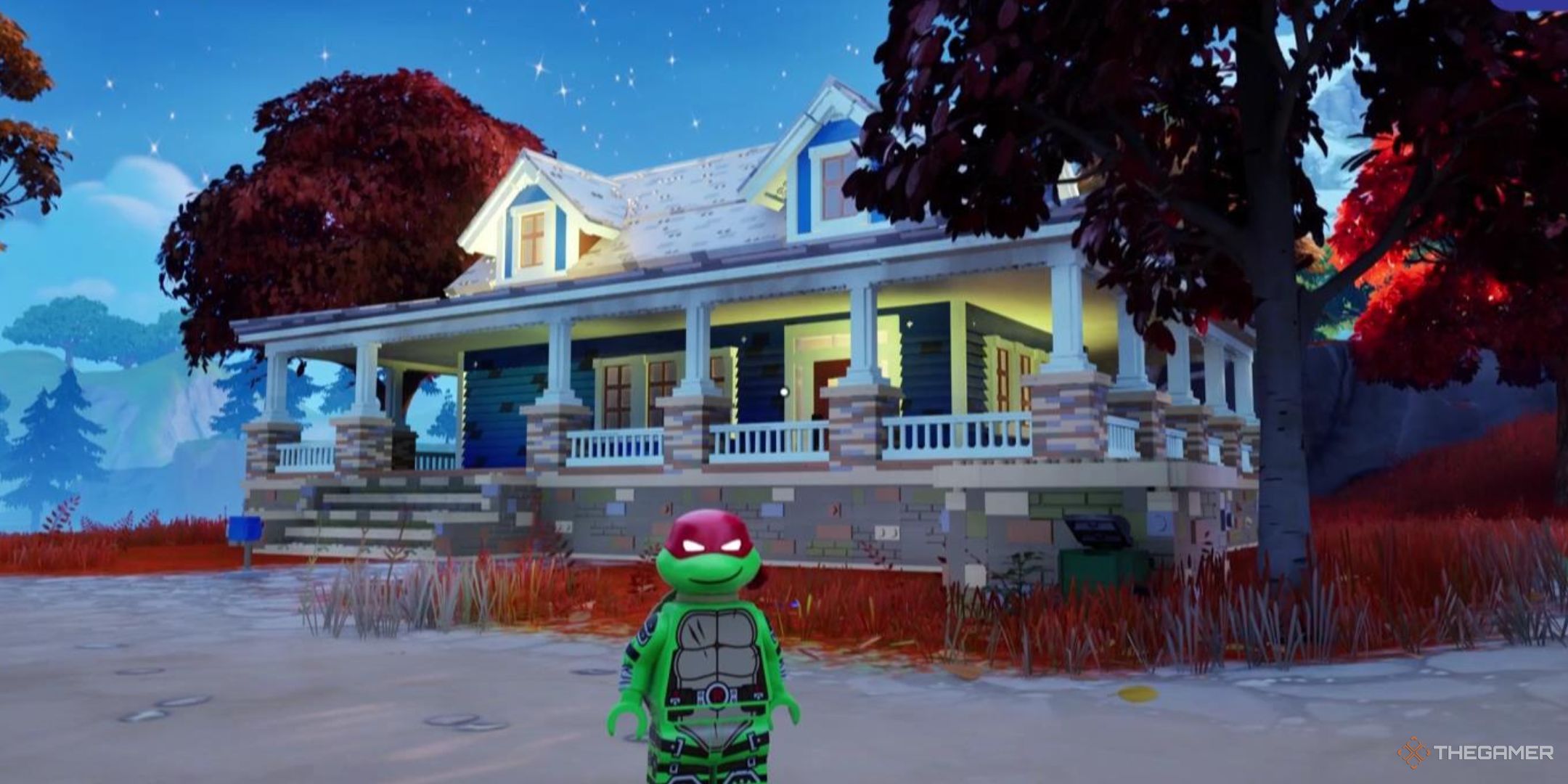 Raphael stands in front of his newly-built Lego house in  Lego Fortnite Brick Life.