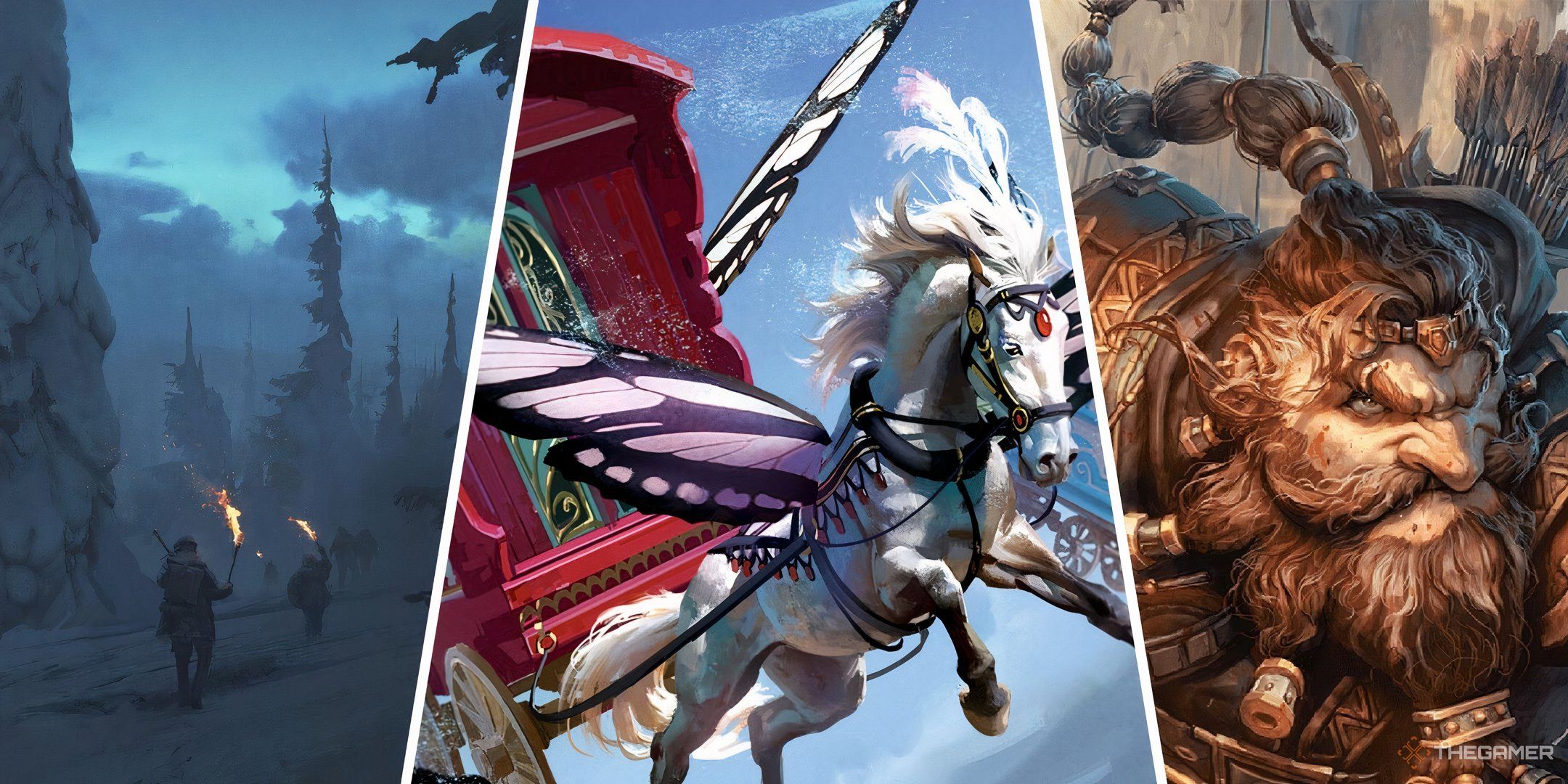 Three dnd images side by side of adventurers in the snow, a flying horse with butterfly wings, and a warrior dwarf side by side from DND.