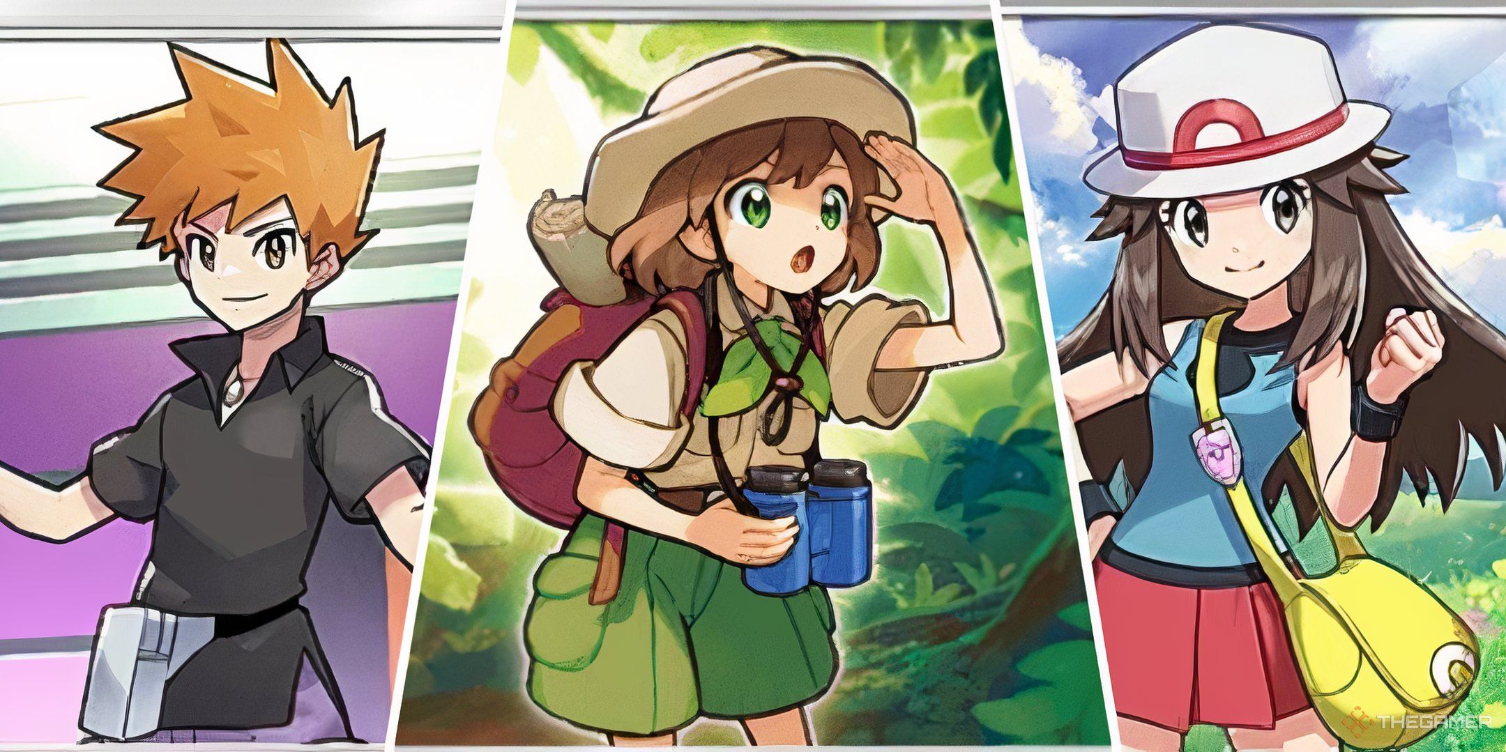 Split image featuring Leaf, Blue, and Expeditioner from Pokemon Pocket.