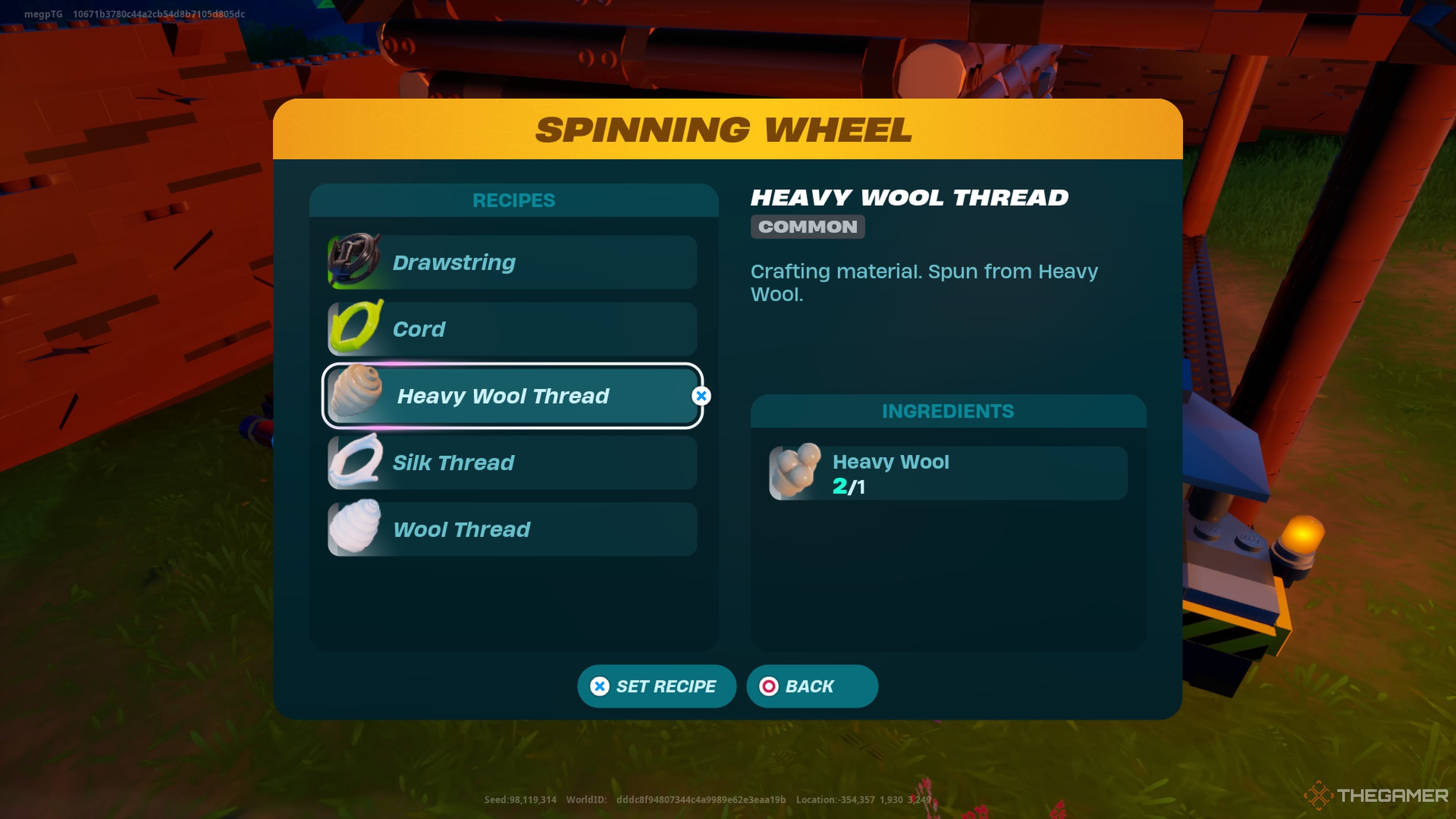 Crafting Heavy Wool Thread in Lego Fortnite Odyssey.