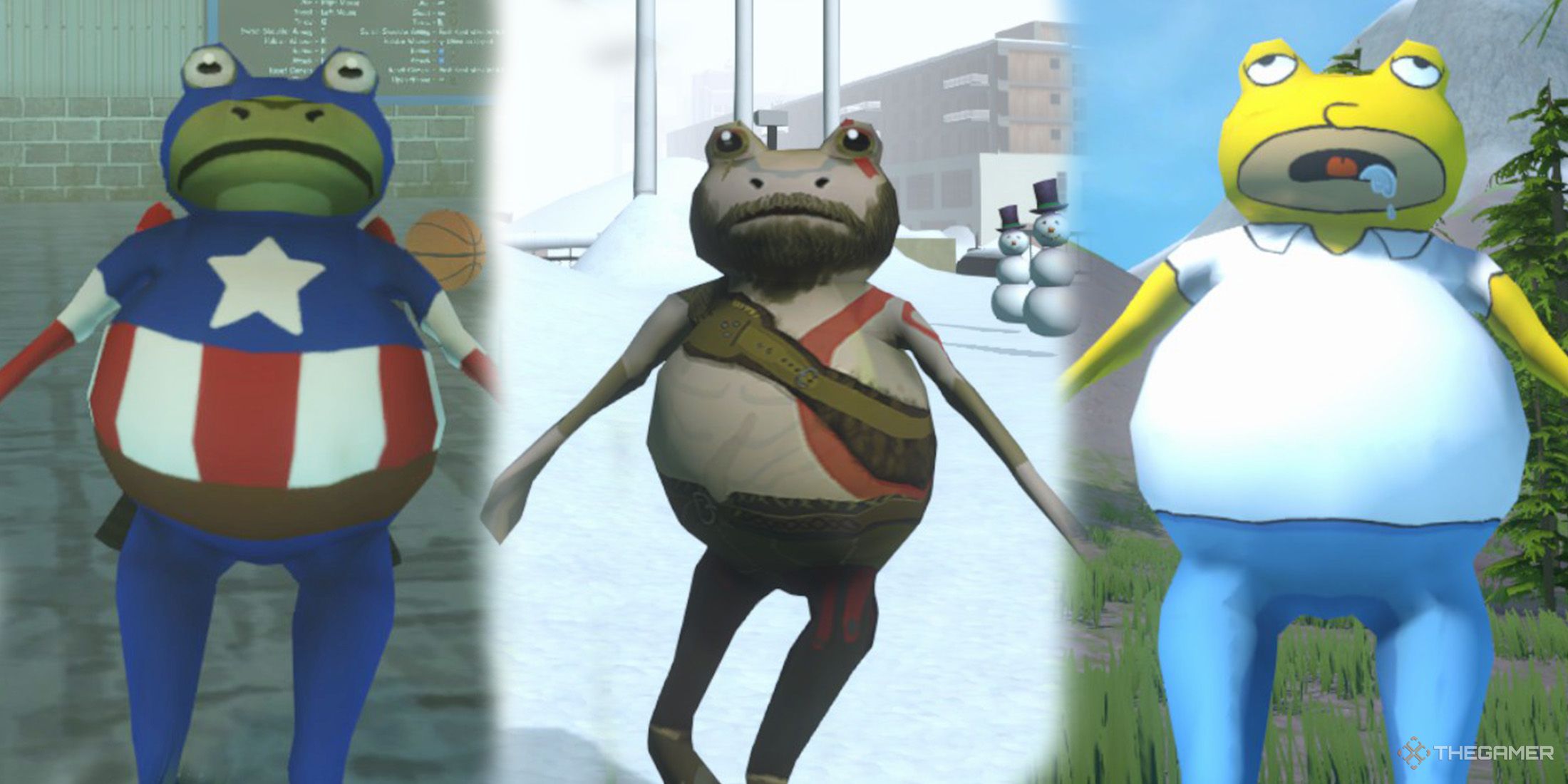 The player is wearing three different costumes, from left to right: Captain America, Kratos, and Homer Simpson in Amazing Frog.