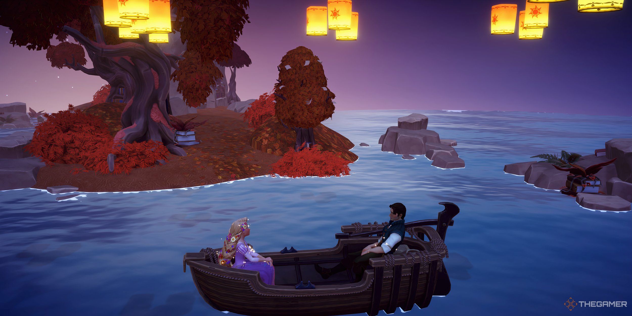 Flynn and Rapunzel on a boat in the water, underneath paper lanterns.