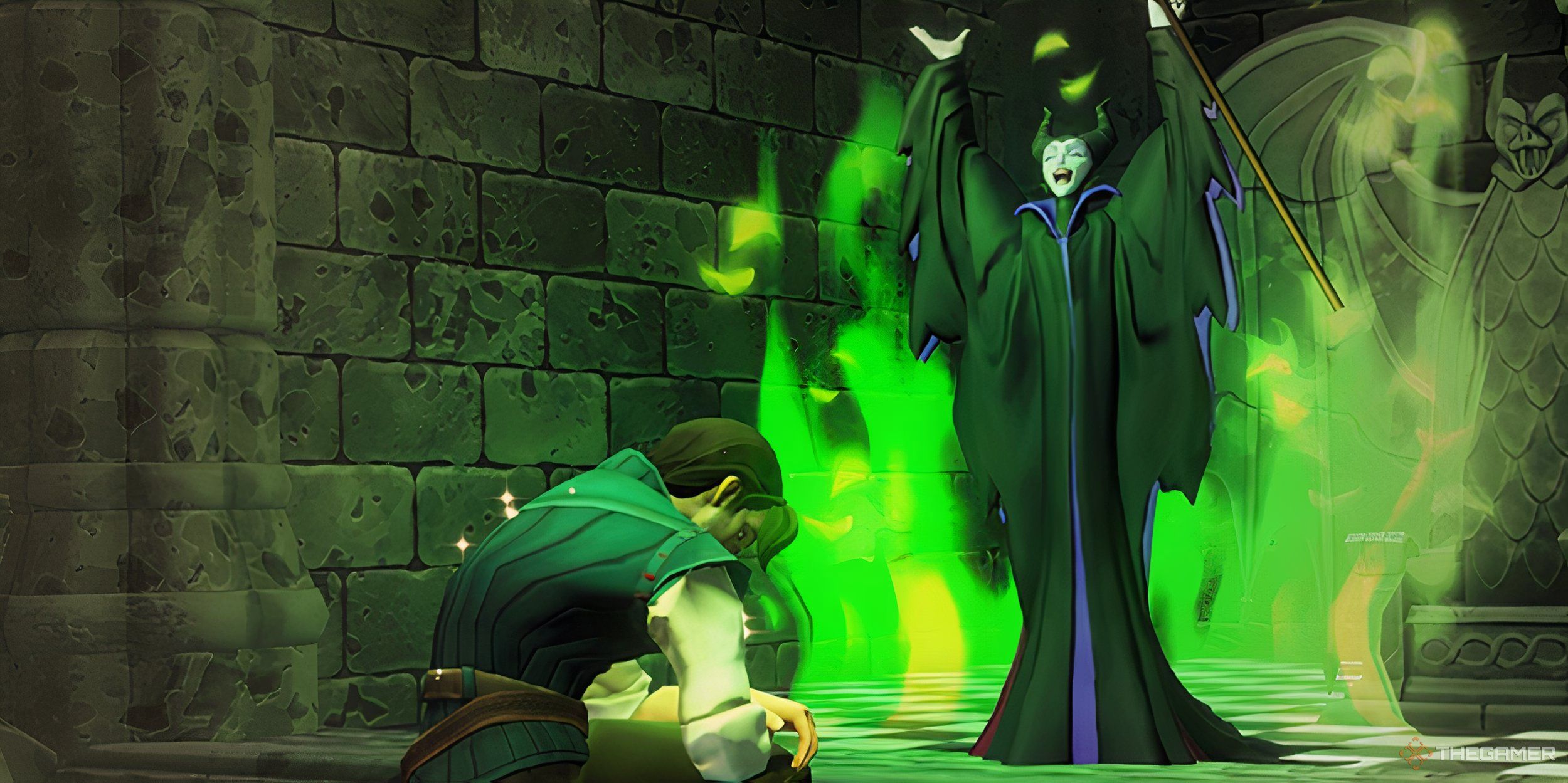 چگونه مبلمان Maleficent را در Disney Dreamlight Valley بچینیم 4 فلین رایدر در قلعه خود در مقابل مالفیسنت زانو زده است.
