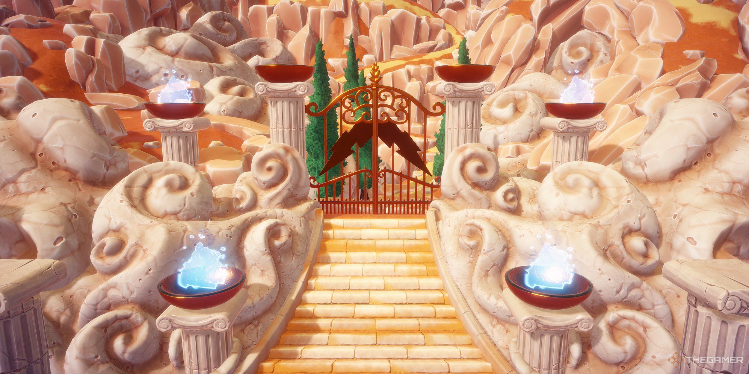 Four braziers blazing at the entrance to Mount Olympus in Disney Dreamlight Valley.