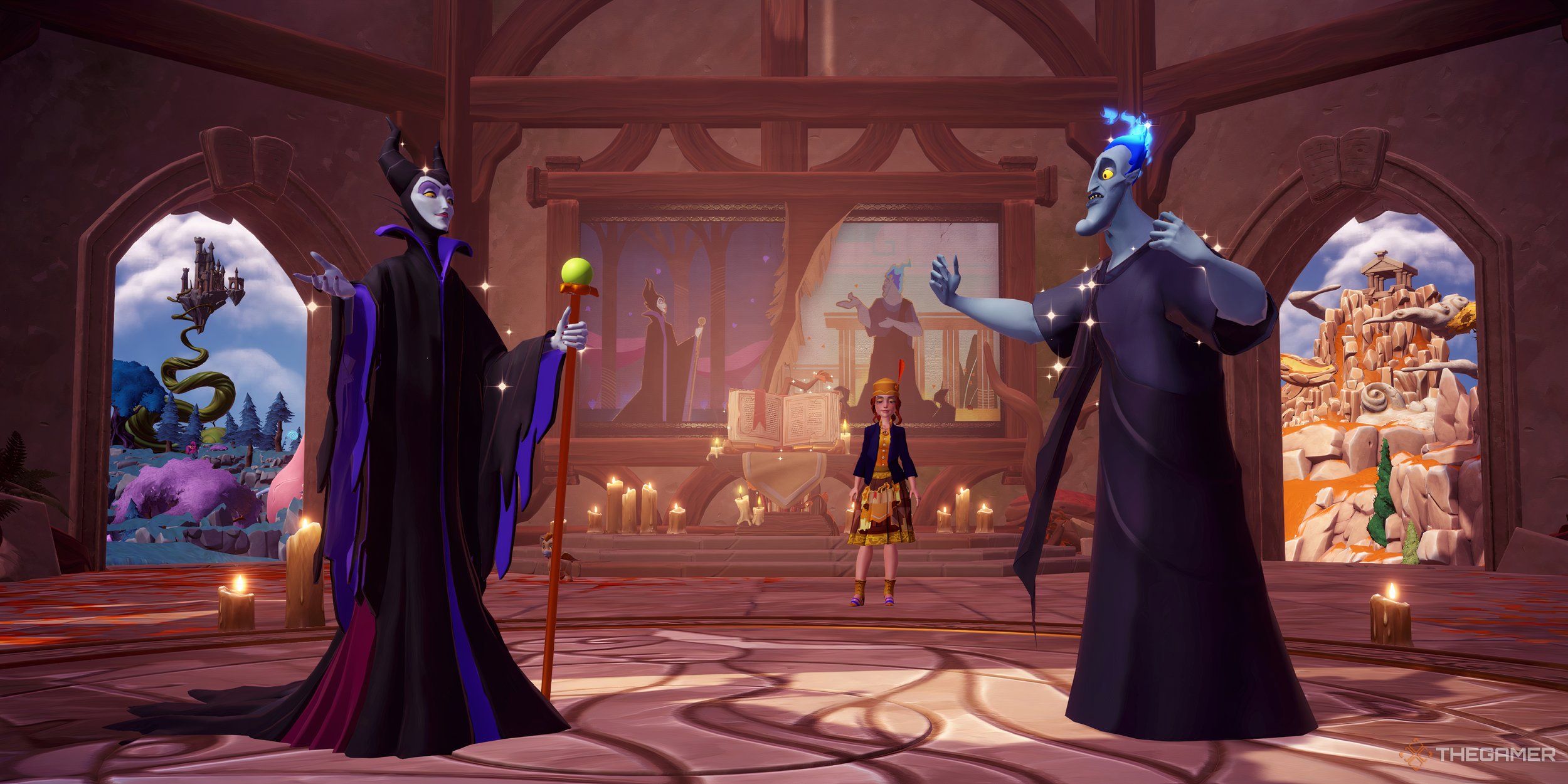 Maleficent and Hades meeting in the Library of Lore.