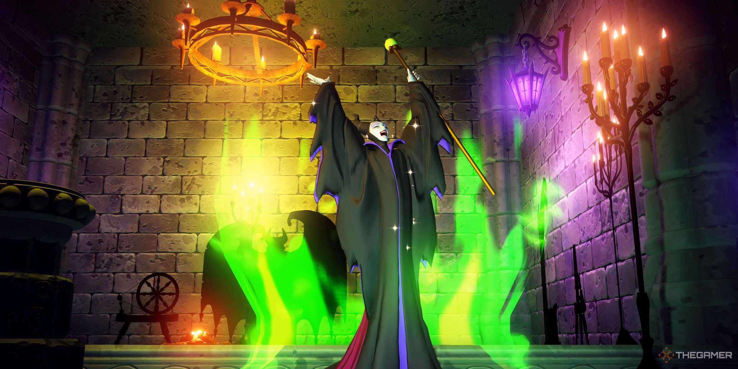 Maleficent surrounded by green flames in her castle.