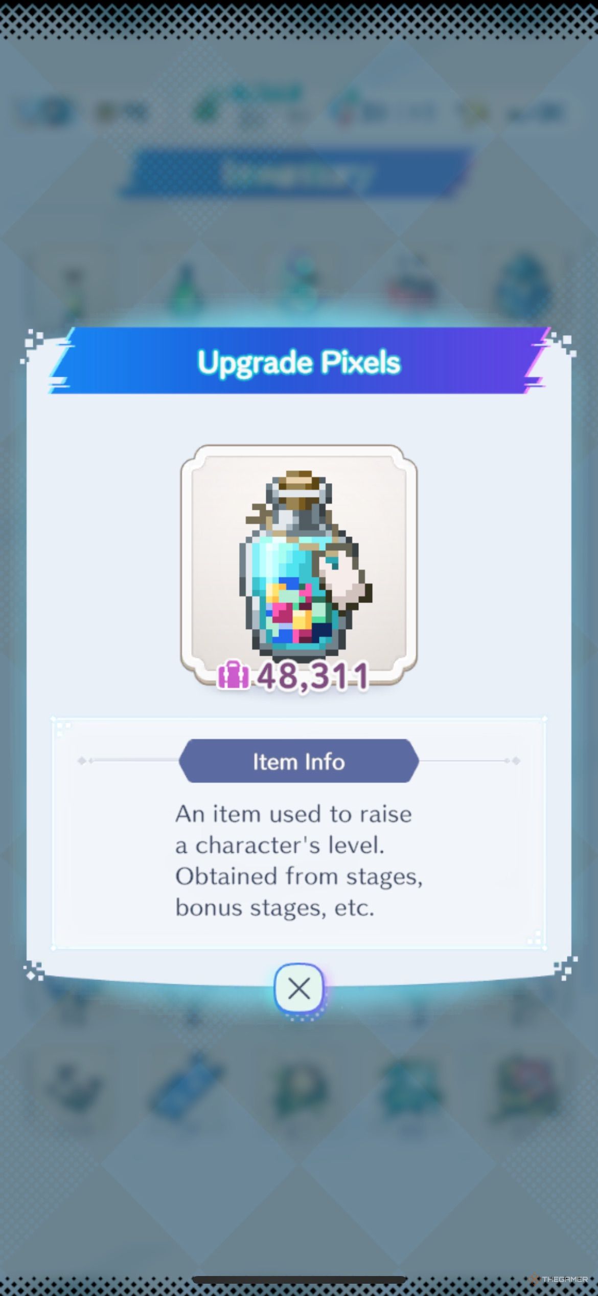 Disney Pixel RPG inventory entry of over 48,000 upgrade pixels.