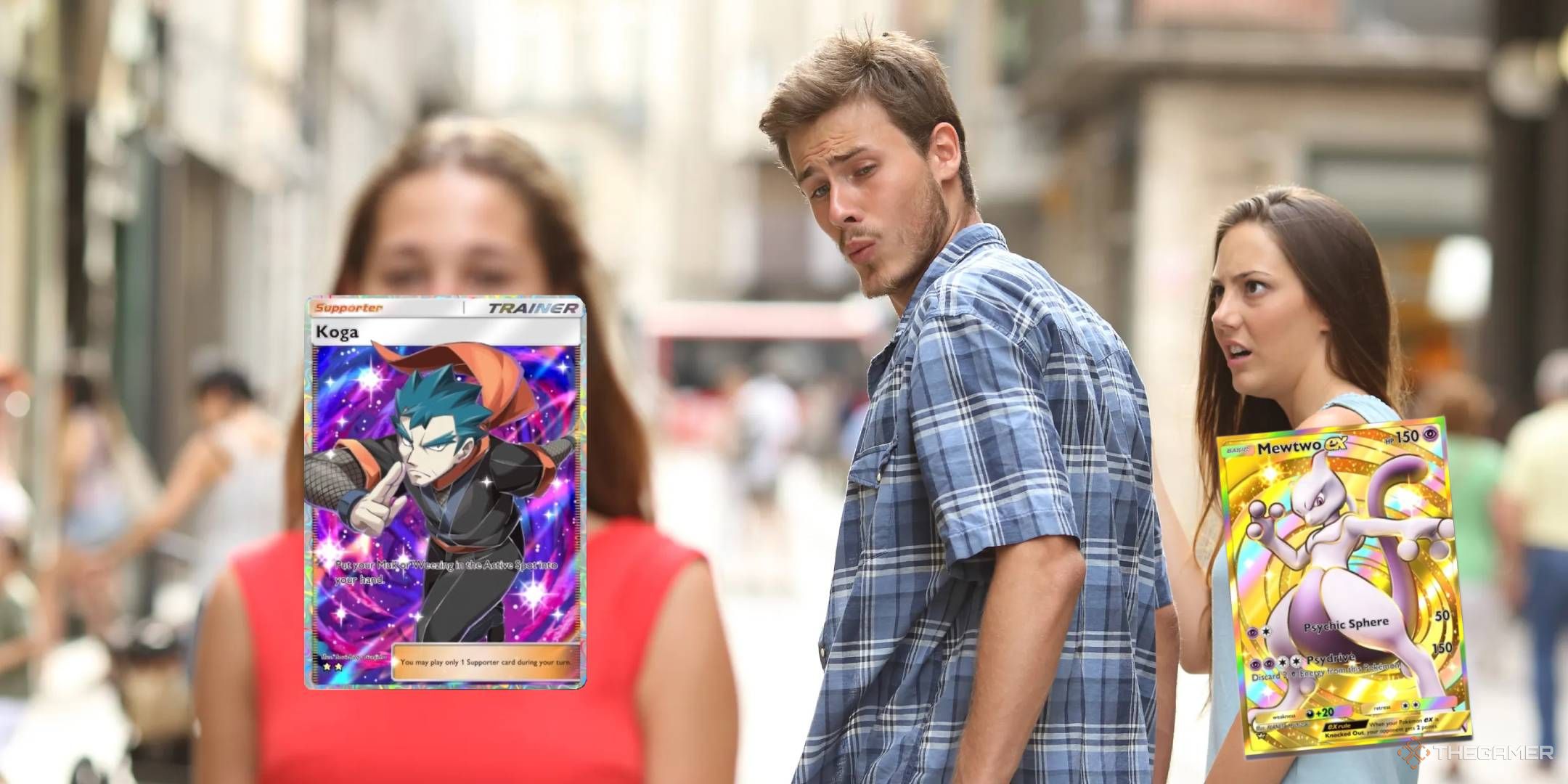 distracted boyfriend turning away from mewtwo to look at koga