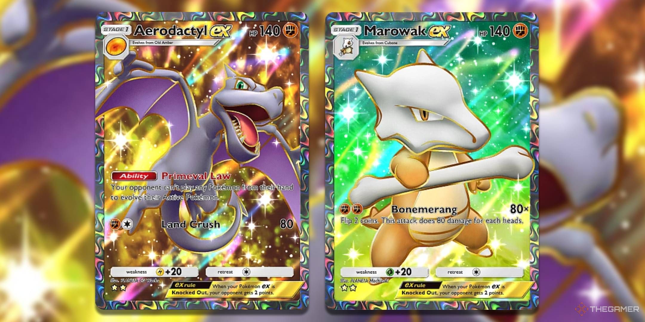 The Aerodactyl ex and Marowak ex cards in Pokemon TCG Pocket.