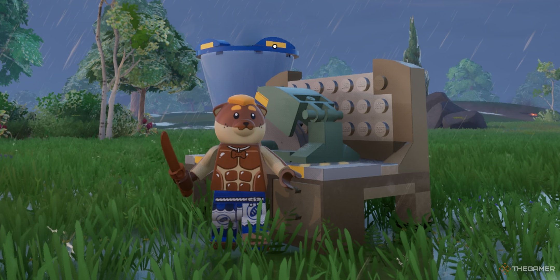 Doughberman beside a Crafting Bench in Lego Fortnite Odyssey.