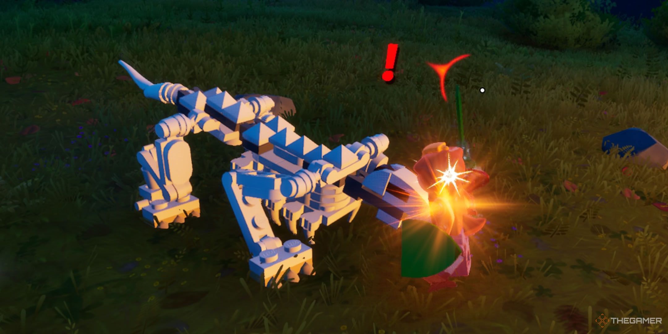 Doughberman fighting a Bone Wolf in Lego Fortnite Odyssey.