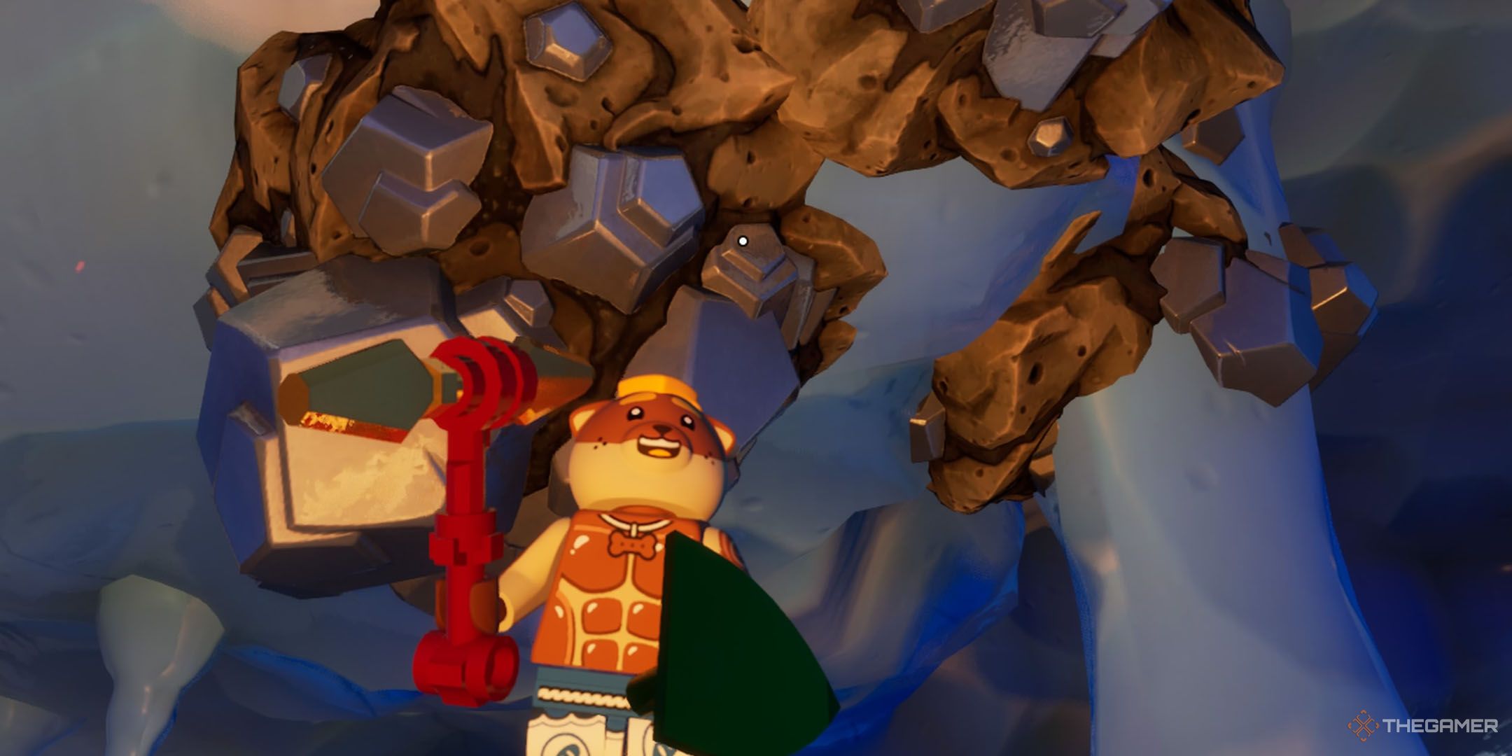 Doughberman in front of some Iron Ore in Lego Fortnite Odyssey.