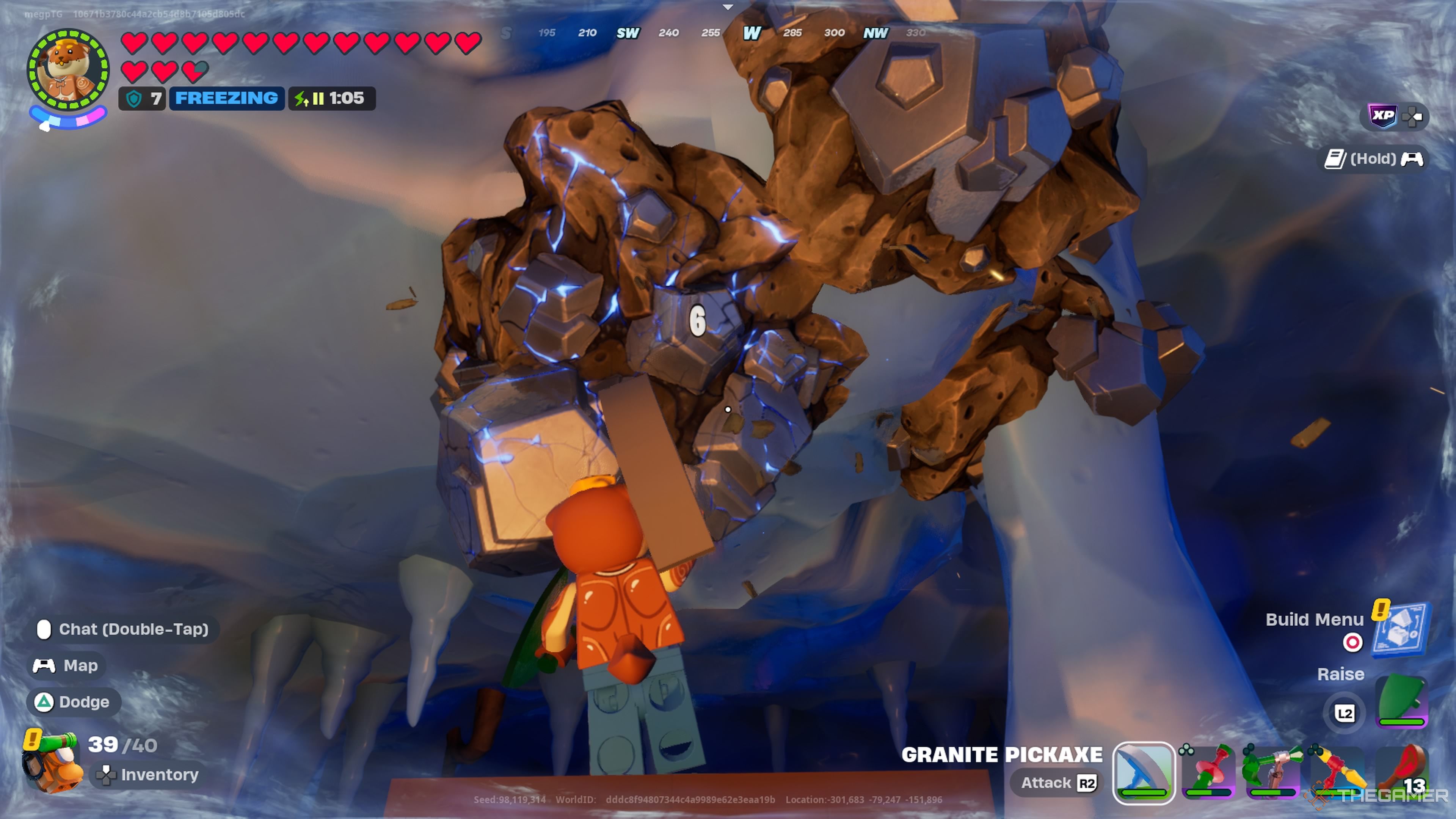 Doughberman mining Iron in Lego Fortnite Odyssey.