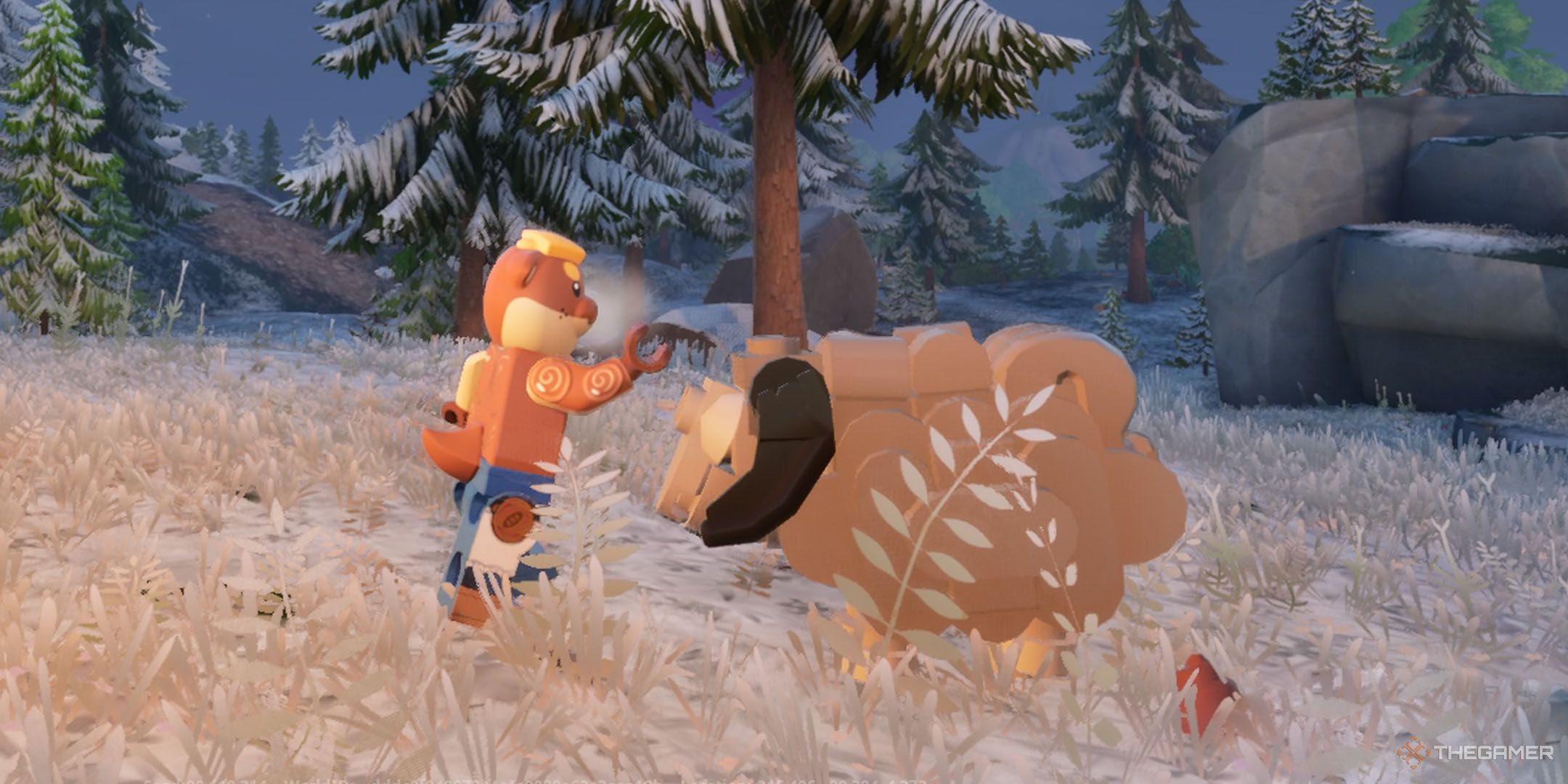 Doughberman petting a ram in Lego Fortnite Odyssey.