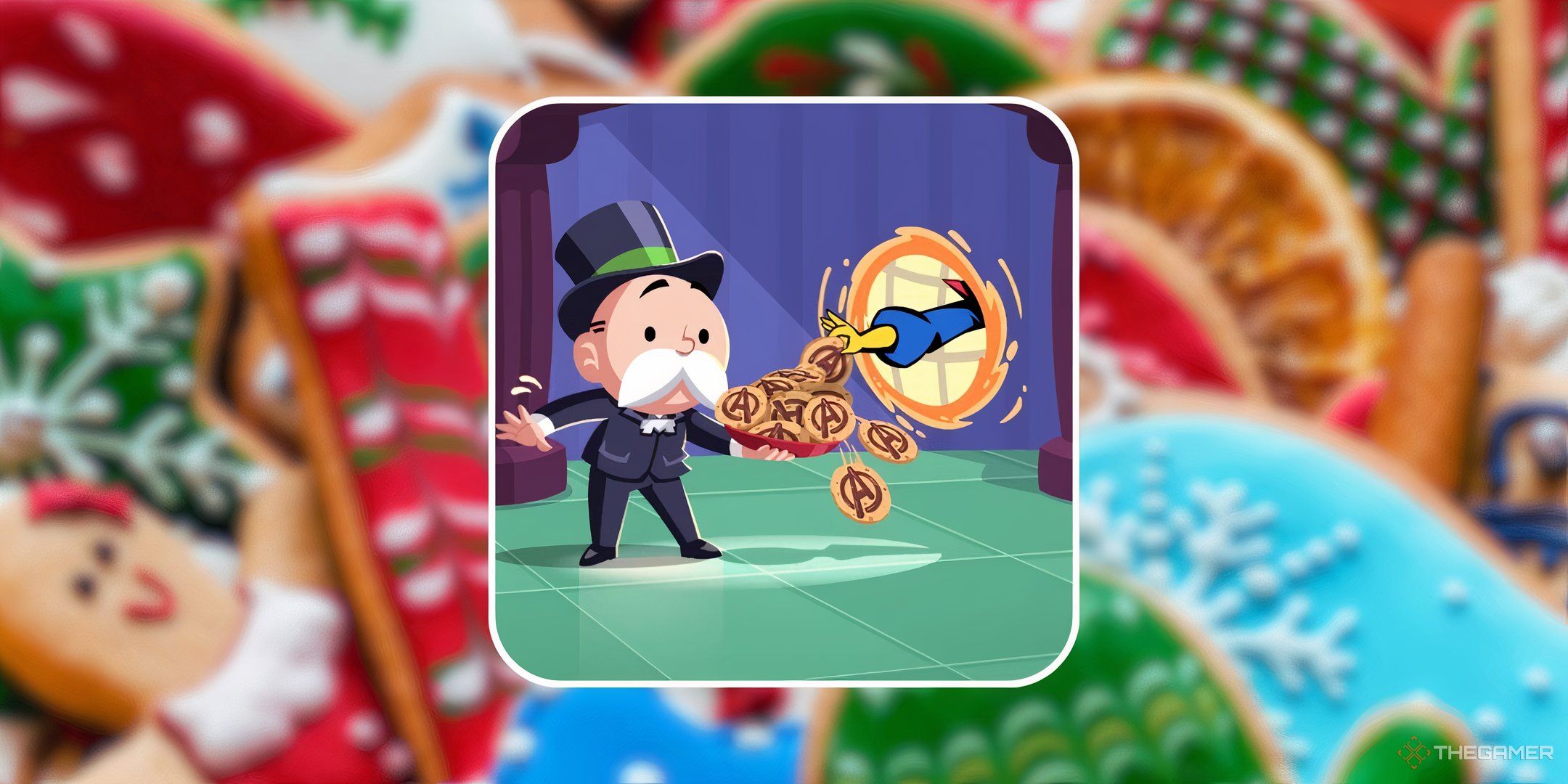 Dr. Strange stealing cookies from Mr. Monopoly through a portal in front of a backdrop of Christmas cookies for the Snack Snatch tournament in Monopoly Go.