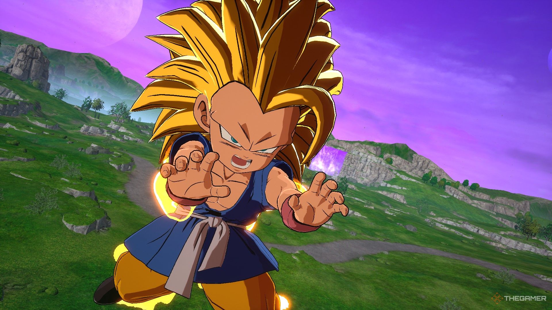 تصویر Dragon Ball Sparking Zero که گوکو را از GT به عنوان یک Super Saiyan 3 در حال حمله نشان می دهد.