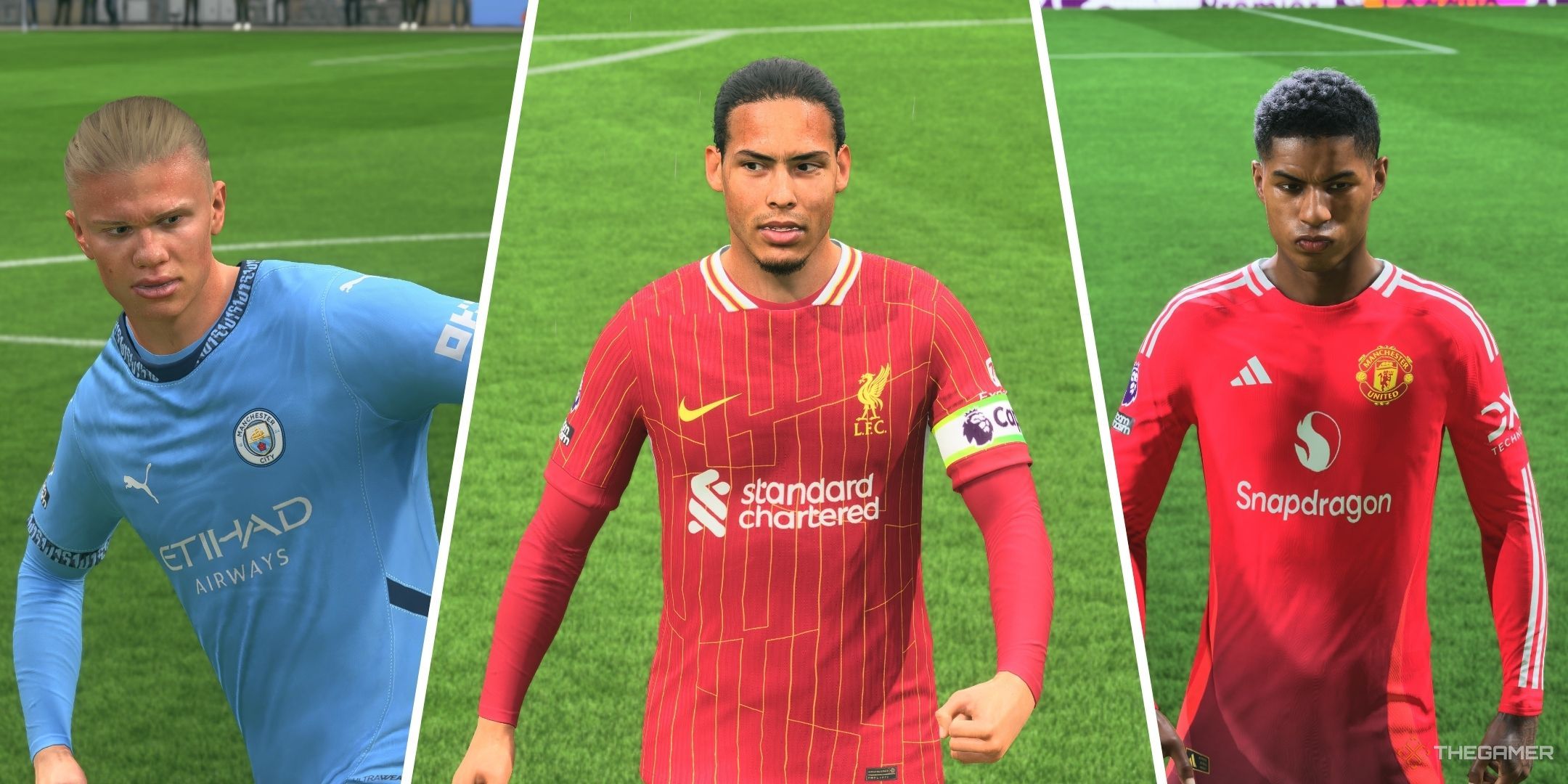 A split image of Erling Haaland, Virgil van Dijk, and Marcus Rashford in EA Sports FC 25.