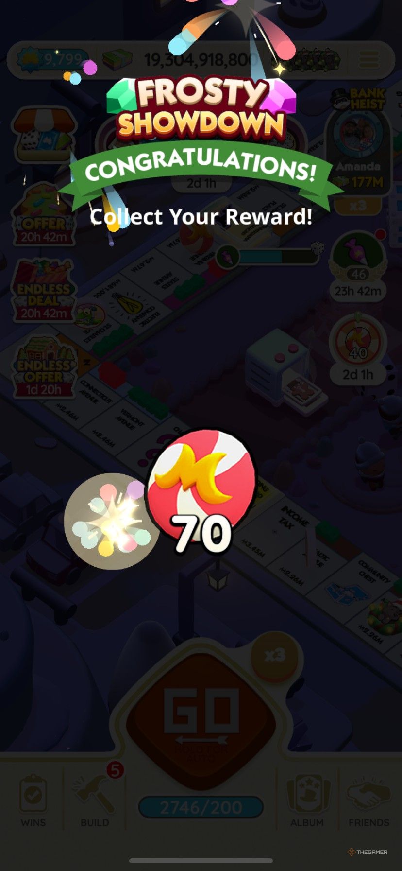Earning 70 extra Gingerbread Partners tokens from Frosty Showdown in Monopoly Go.