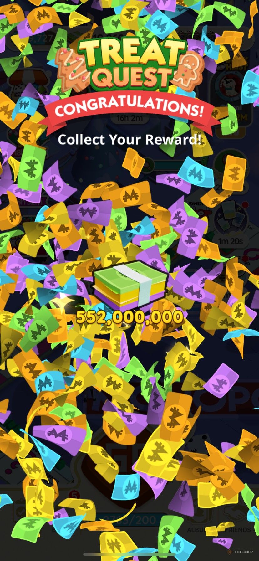 Earning a cash reward in Treat Quest in Monopoly Go.