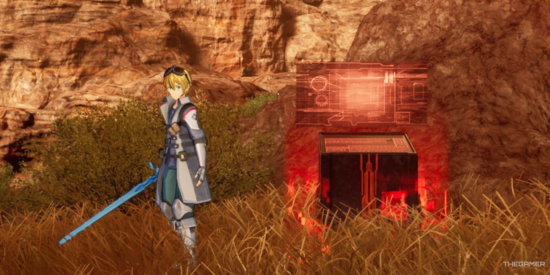 Eugeo is standing next to a console in Sword Art Online Fractured Daydream