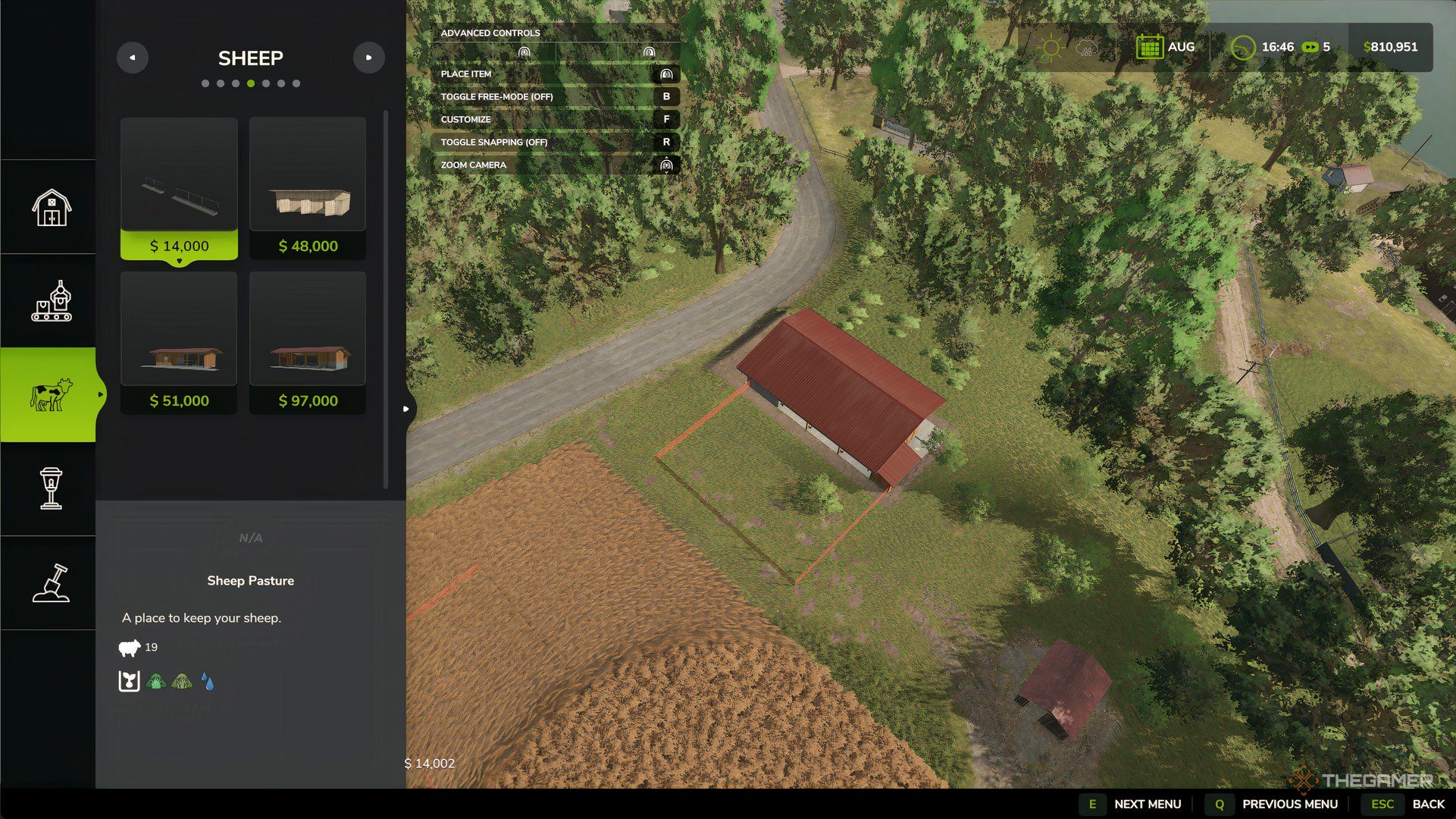 Farming Simulator 25 Build Menu showing different options for Sheep farm, which can also be used for Goat farming.