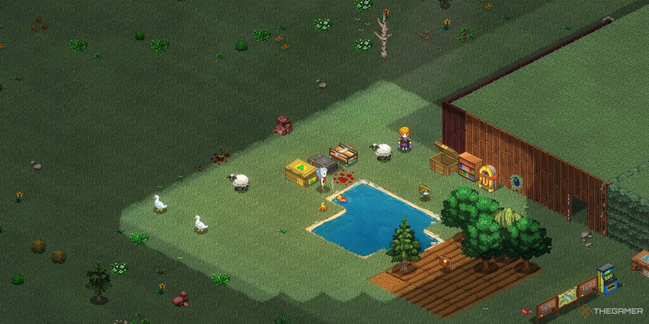 A player in Elin fishes in a small pond by their base. They have a campfire, composter and sawmill next to them.