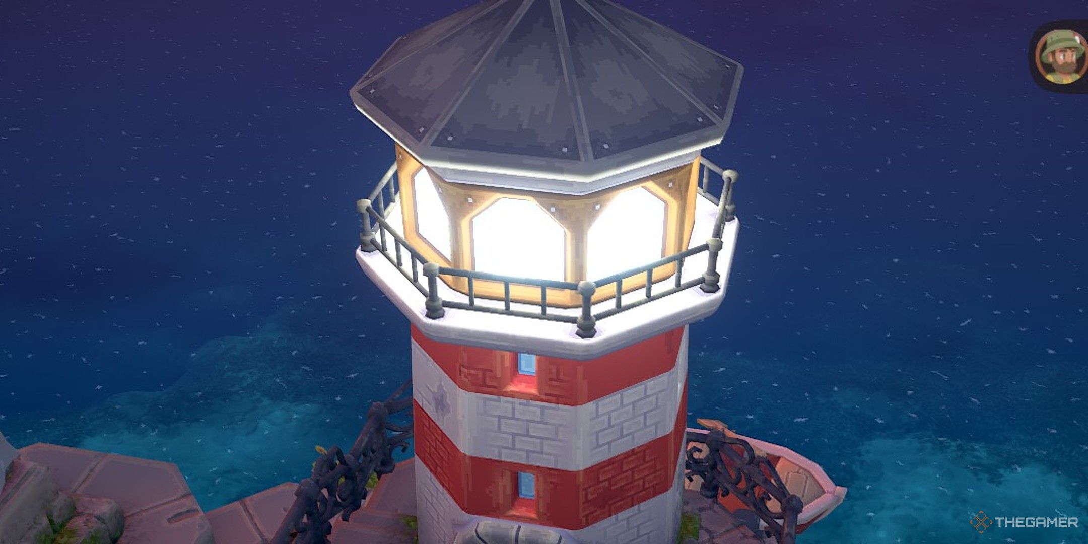 Close up of the fully repaired Lighthouse with the lights on in the evening in Luma Island.