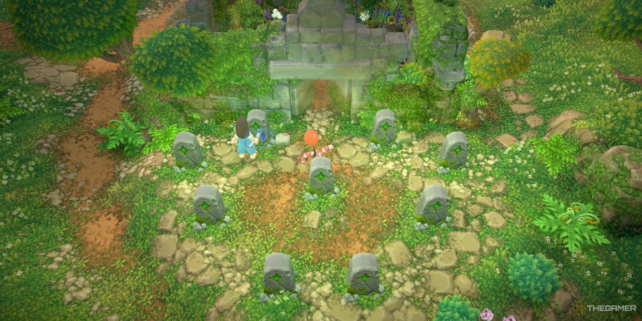 Player character standing in front of a Forest Offering Pedestal as the doors to the Forest Shrine open in Luma Island.