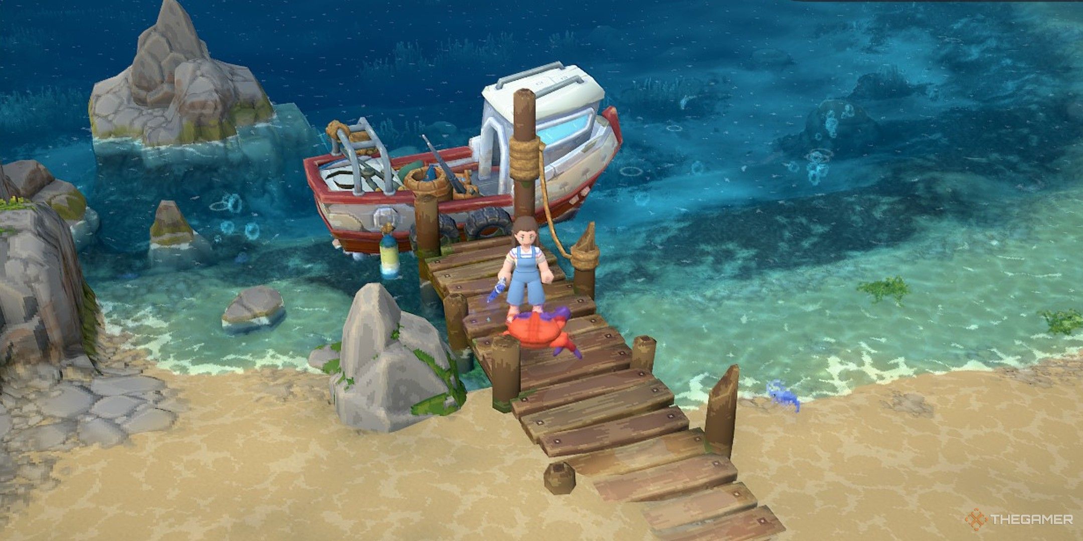 Player character and their Crab Luma standing in front of the repaired boat to the Jungle in Luma Island.