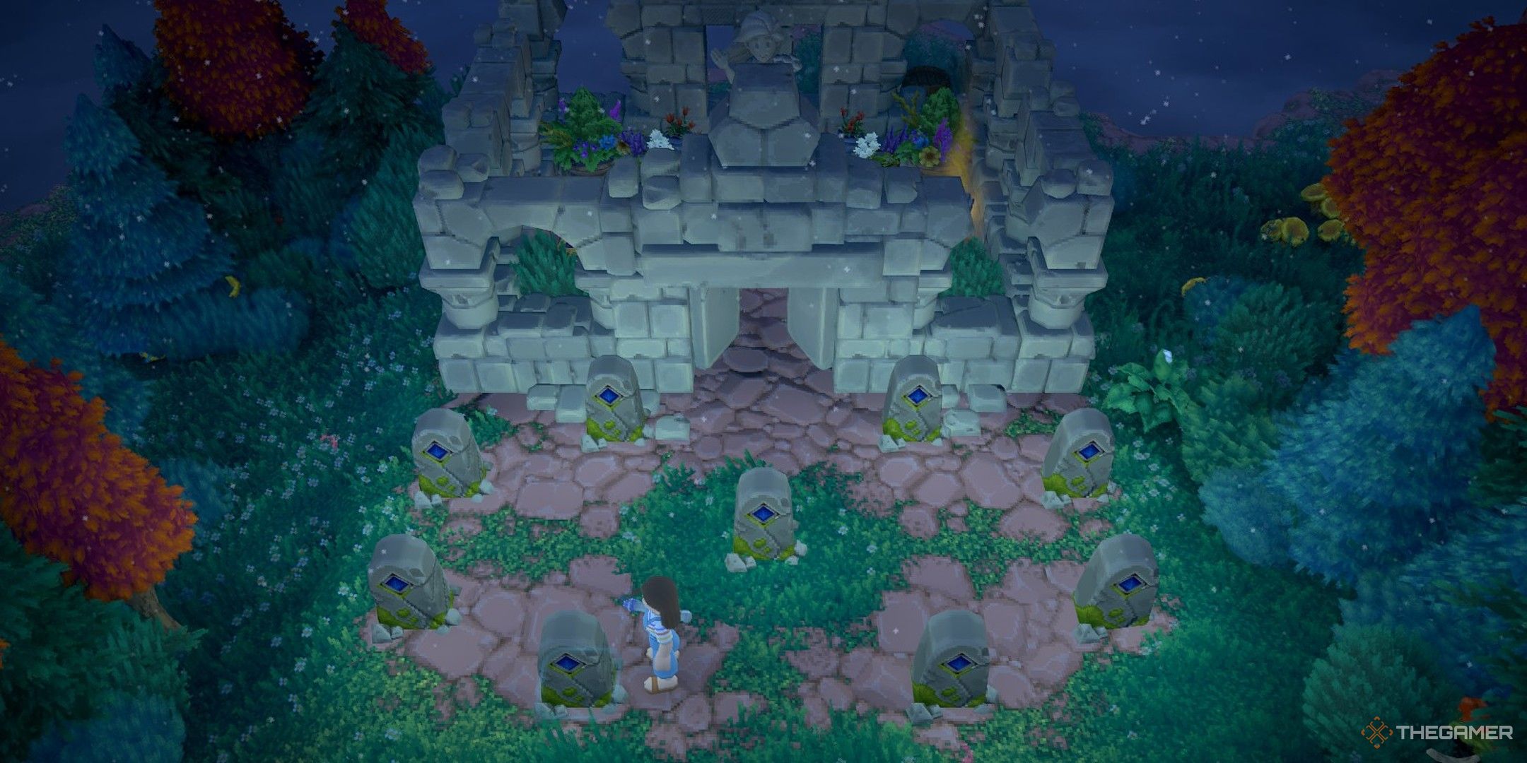 Player character standing outside the Mountain Shrine as the doors open at night in Luma Island.