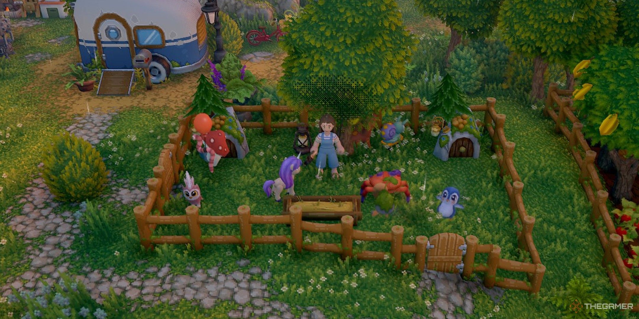 Player character standing in a small pen with several different Luma and Luma Homes around them in Luma Island.