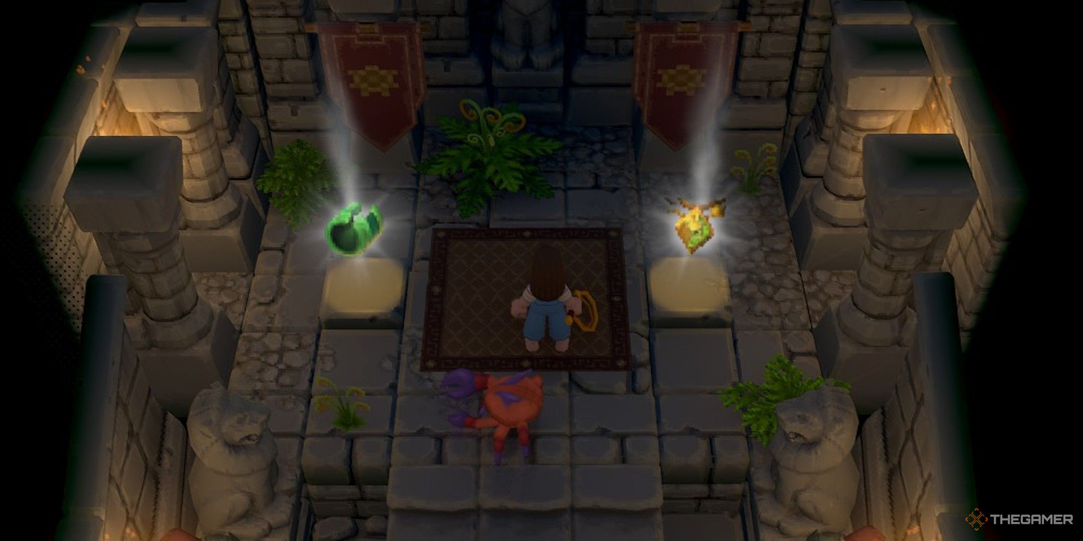 Player character standing in a room with two Broken Relics shining on the floor near them in Luma Island.