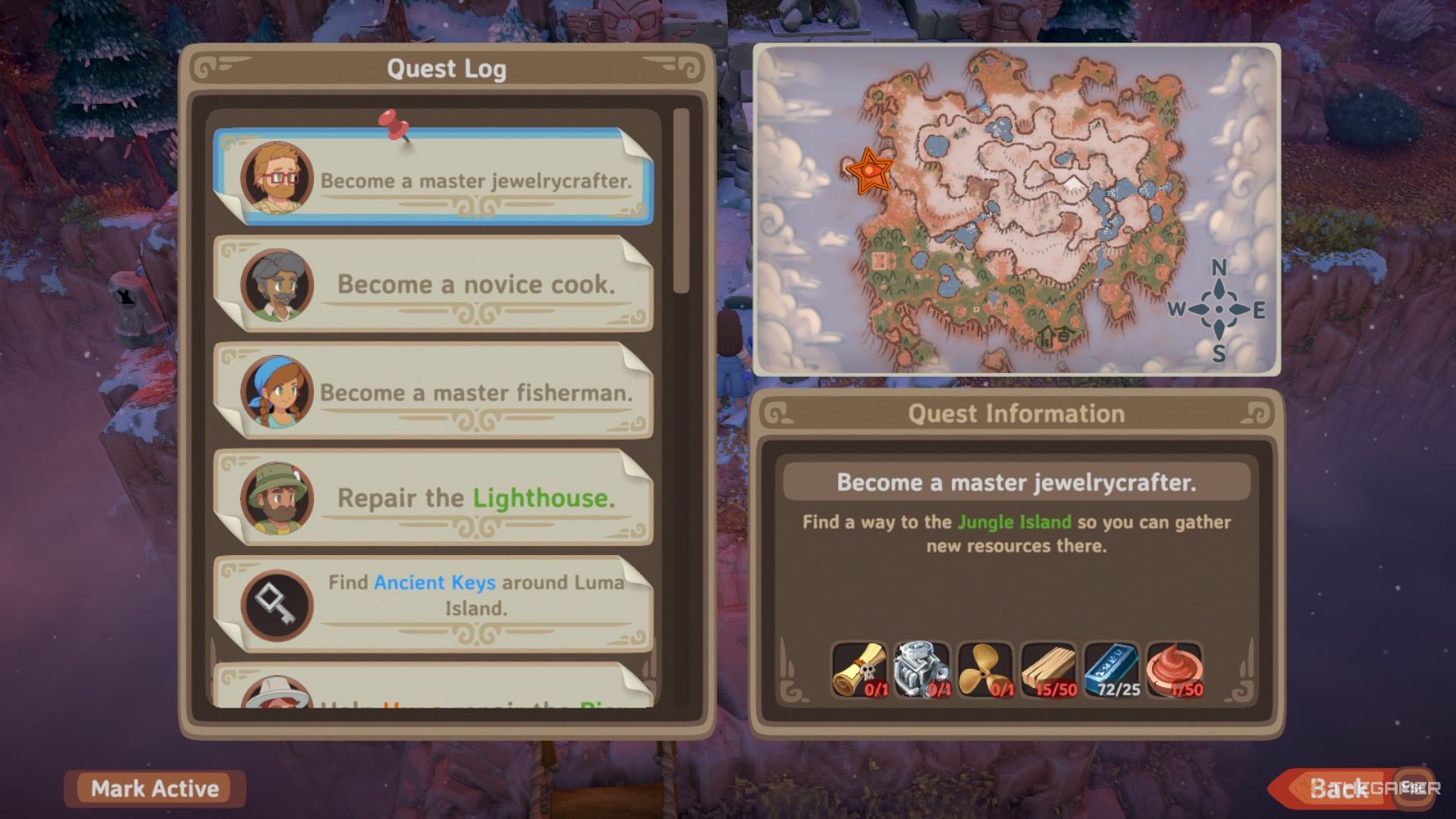 Menu view with quests on the left and a map with an orange star edited onto a location in the northwest area of the Mountain on the right in Luma Island.