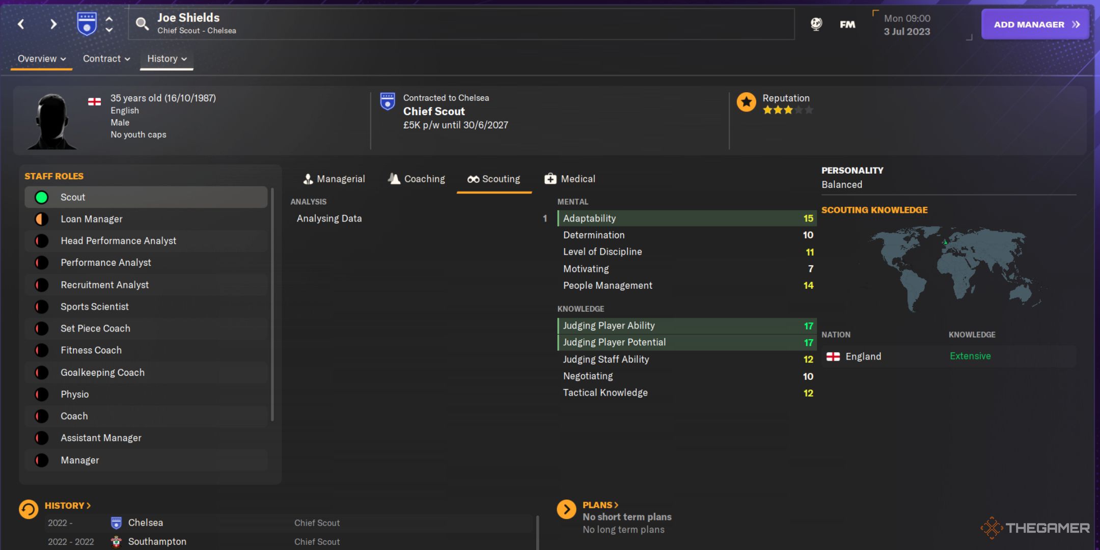 اسکرین شات از صفحه پروفایل جو شیلدز Football Manager 2024.