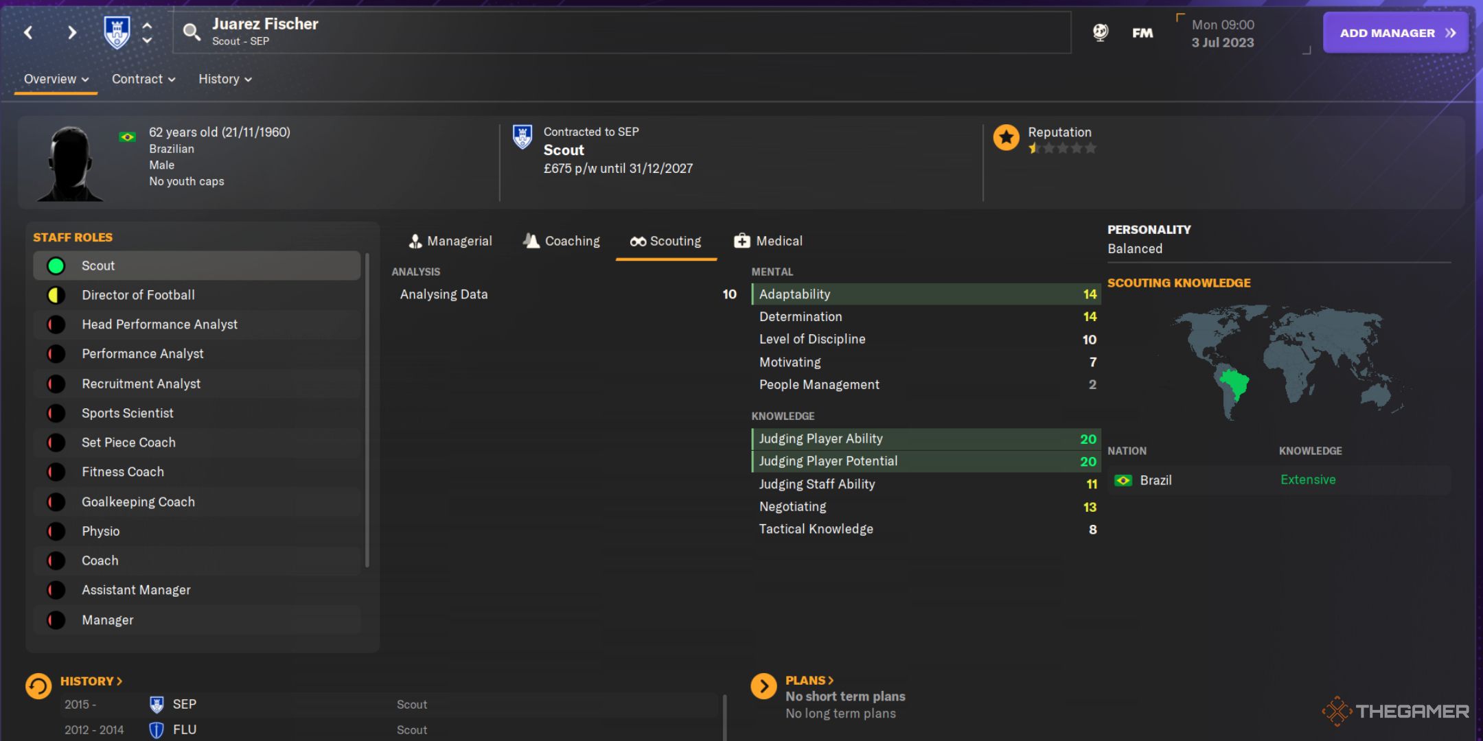 اسکرین شات Football Manager 2024 از صفحه پروفایل پیشاهنگی خوارز فیشر.
