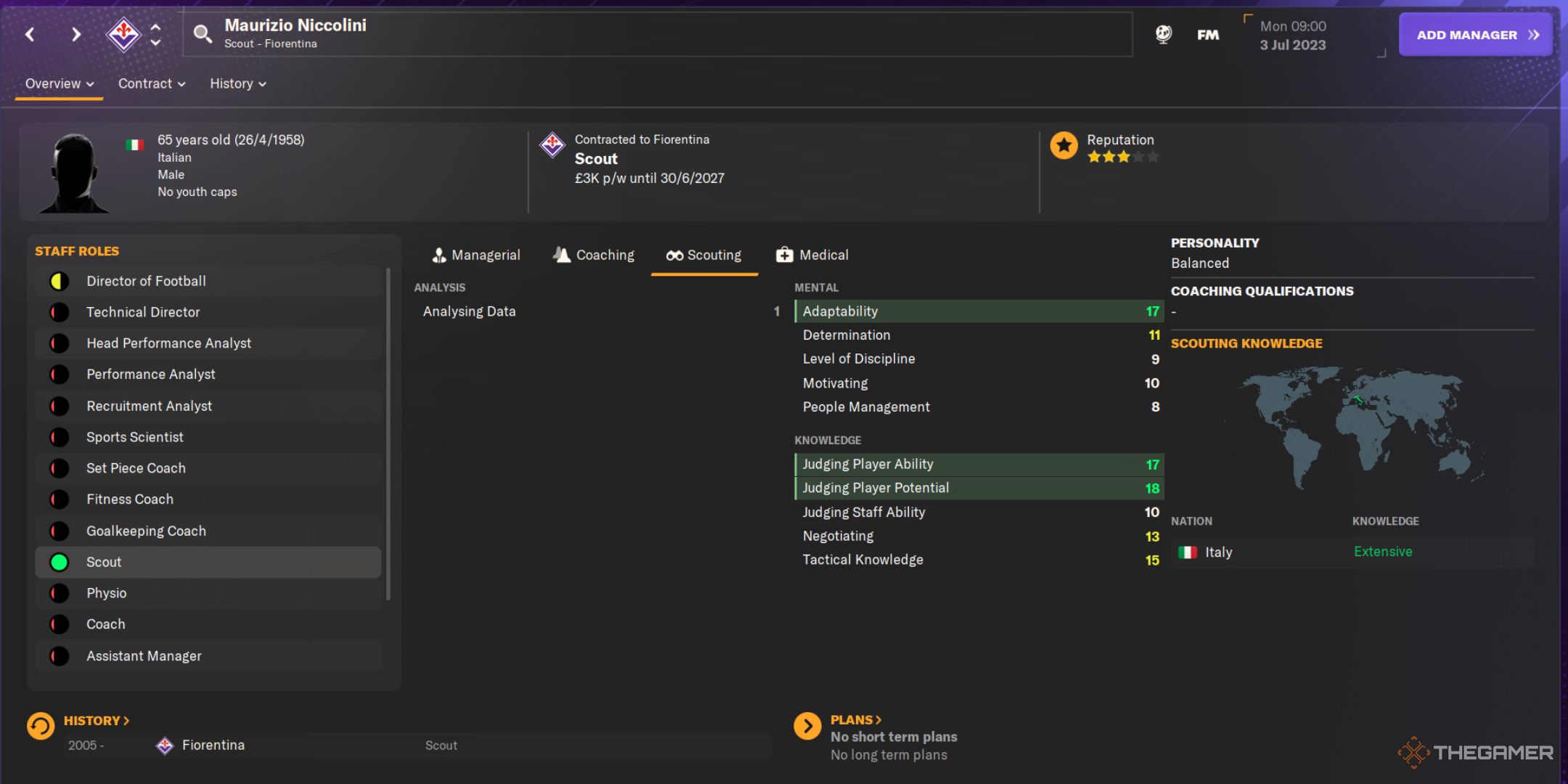 اسکرین شات Football Manager 2024 از صفحه پروفایل پیشاهنگی Maurizio Niccolini.