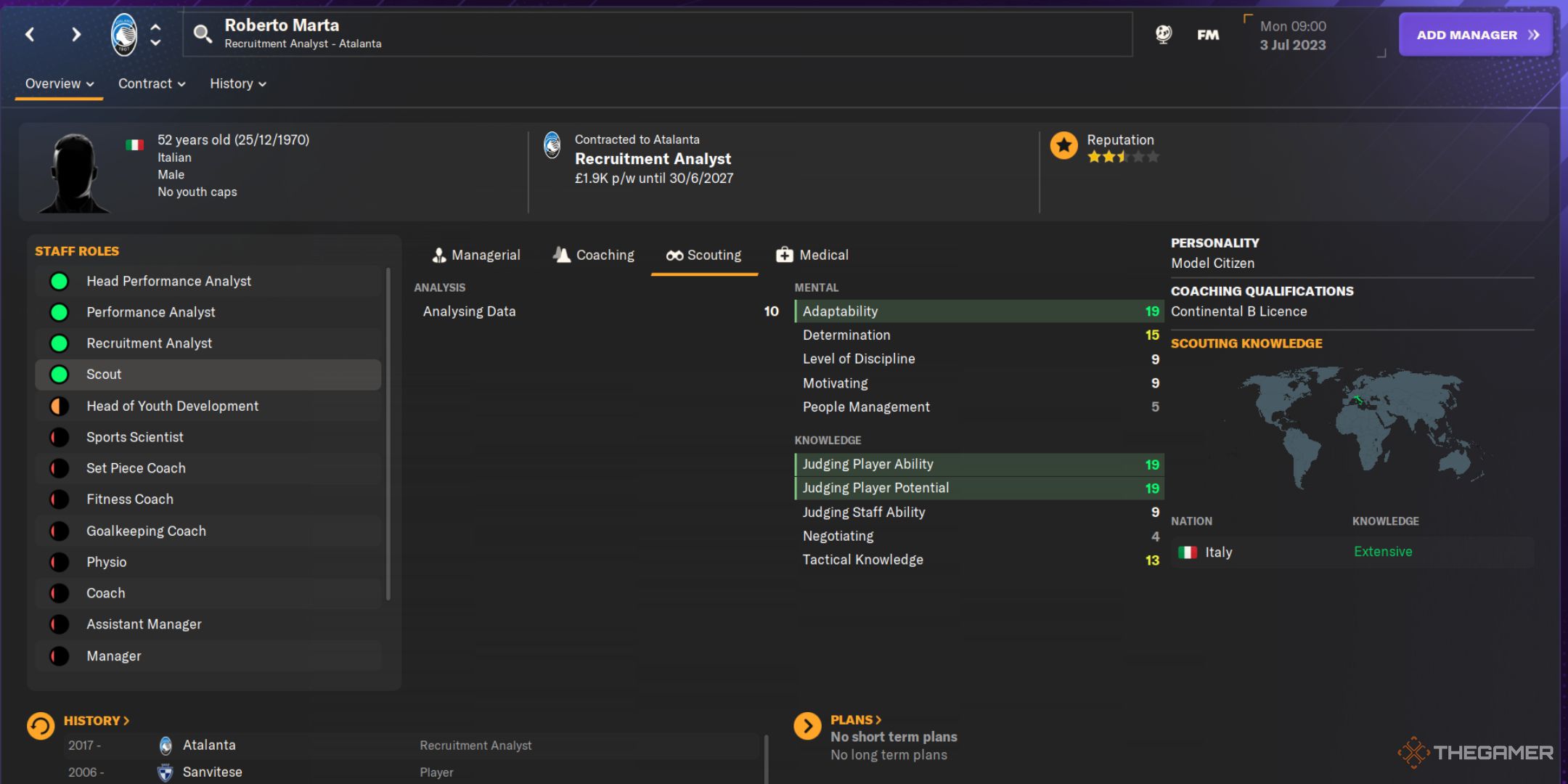 اسکرین شات Football Manager 2024 از صفحه نمایه پیشاهنگ روبرتو مارتا.