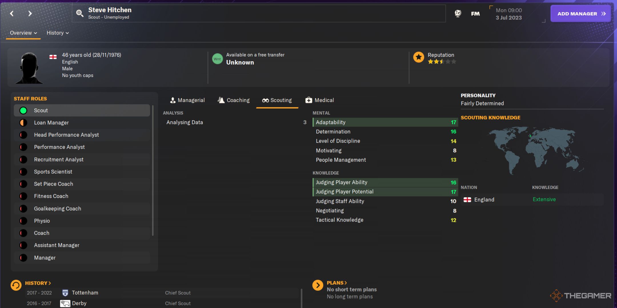 اسکرین شات Football Manager 2024 از صفحه نمایه پیشاهنگی استیو هیچن.
