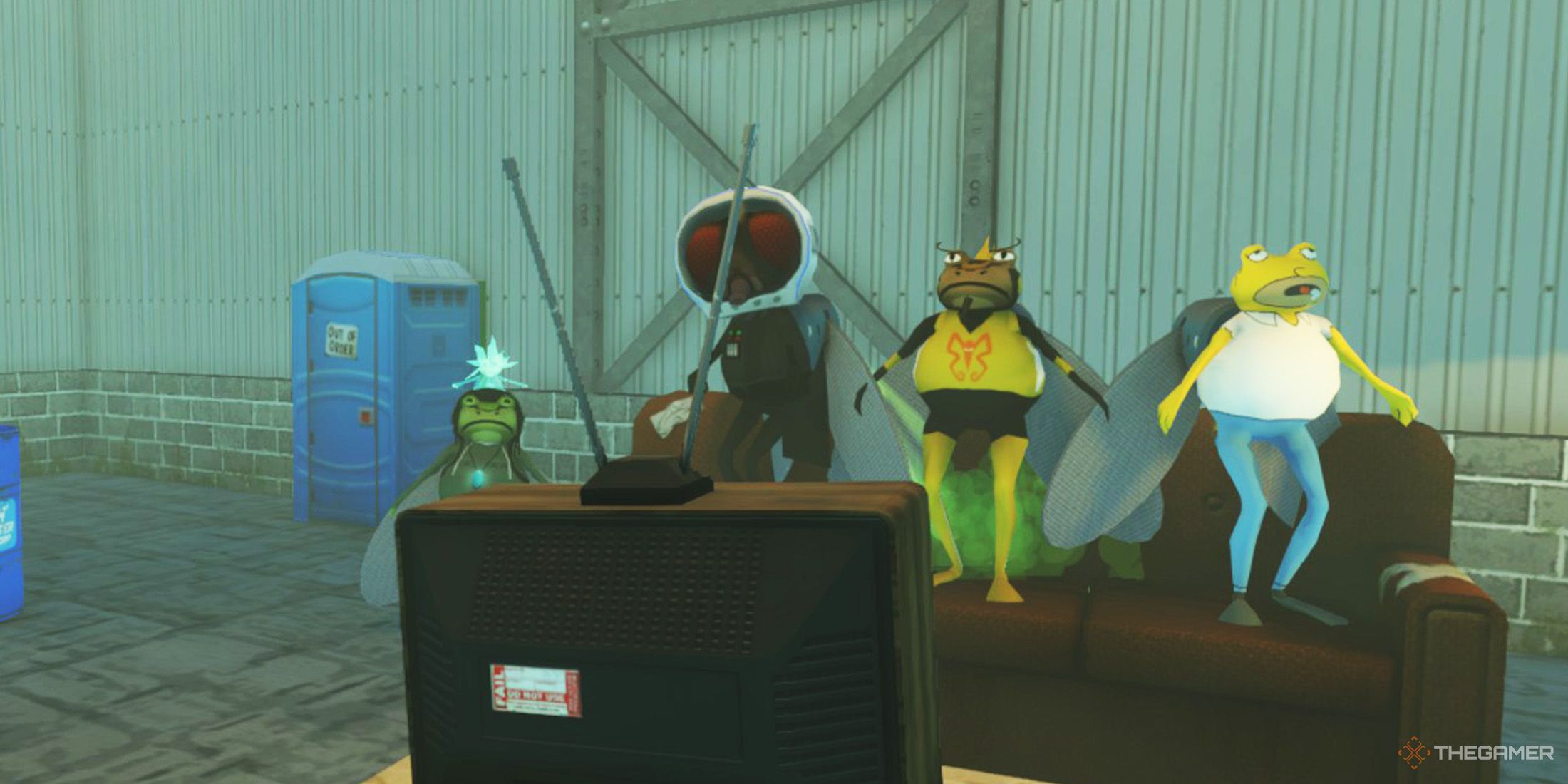 Four frogs wearing different costumes start the game on the sofa in the Hideout in Amazing Frog