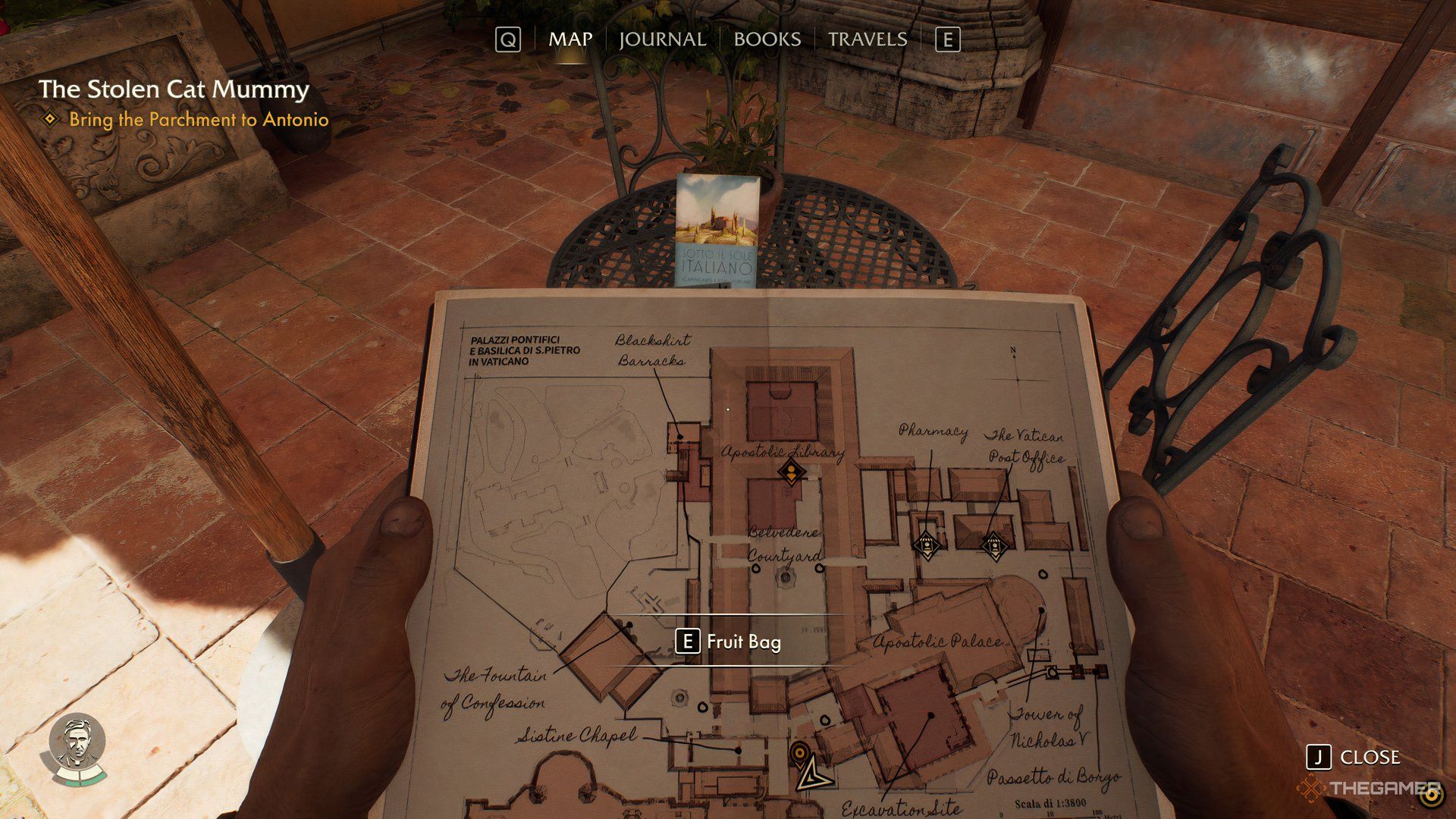 Indy holding a map in front of the Fruit Bag Adventure Book in Indiana Jones And The Great Circle.