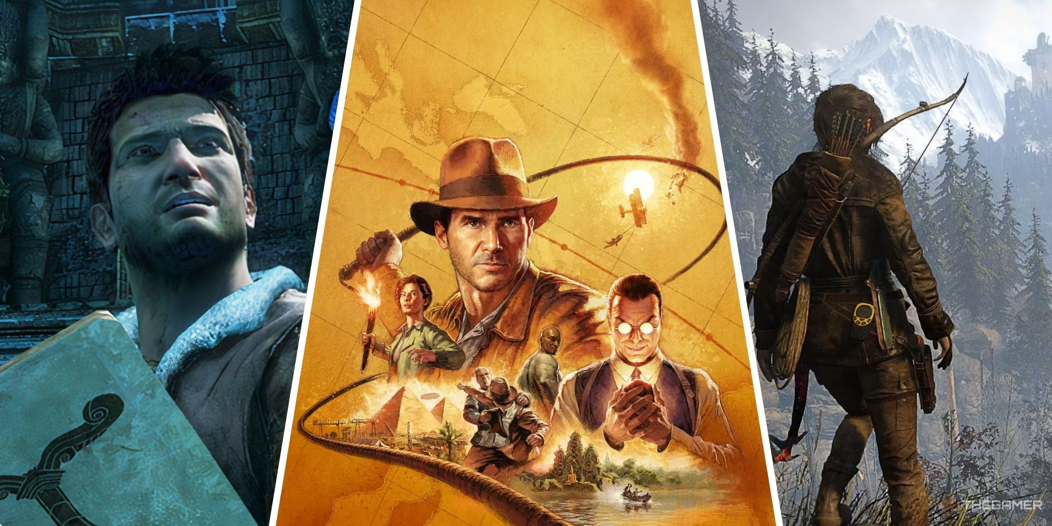 Featured image containing screenshots of Nathan Drake and Lara Croft with a Great Circle promo image in the middle.