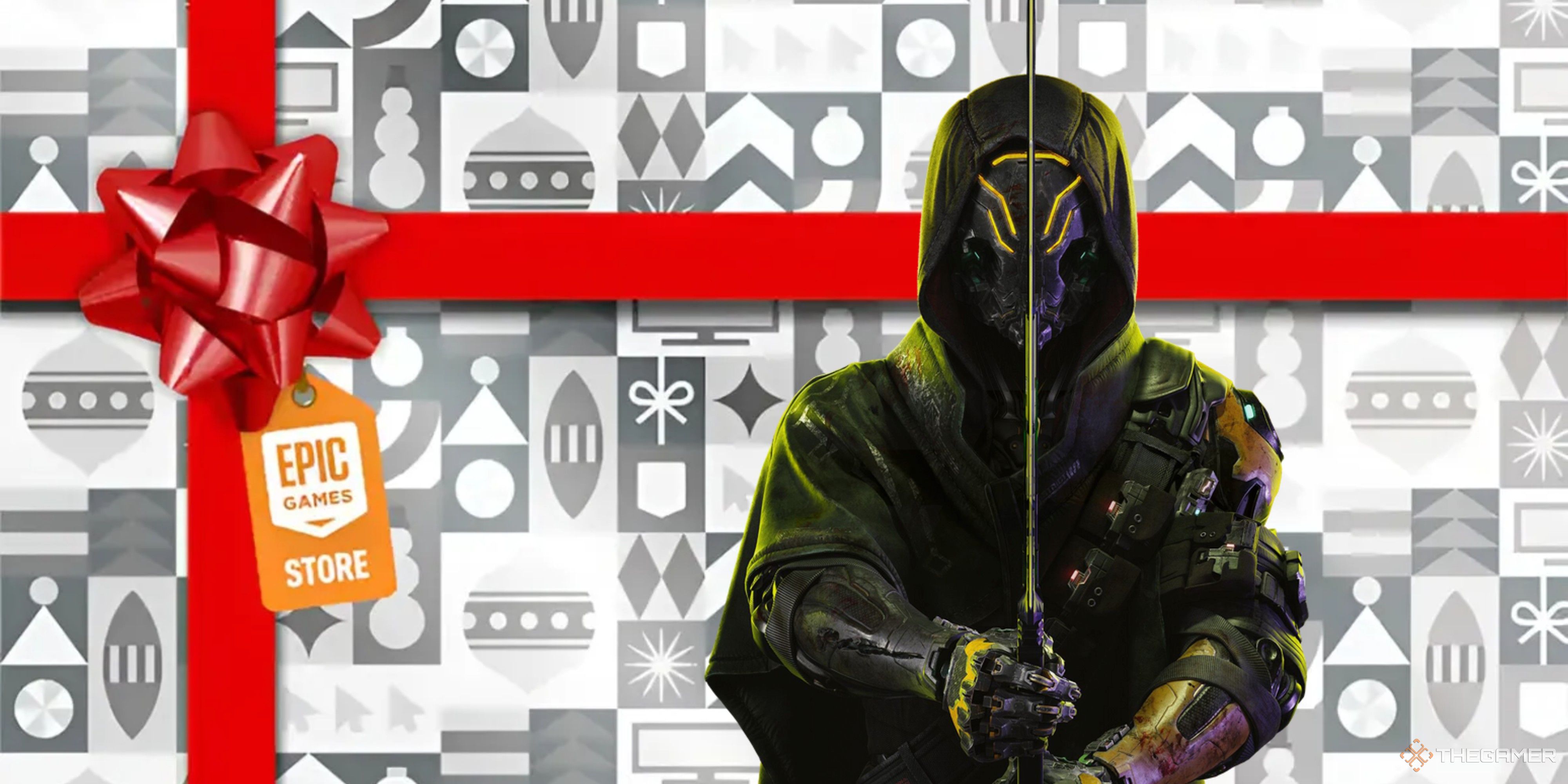 ghostunner 2 protagonost on an epic games store gift background.