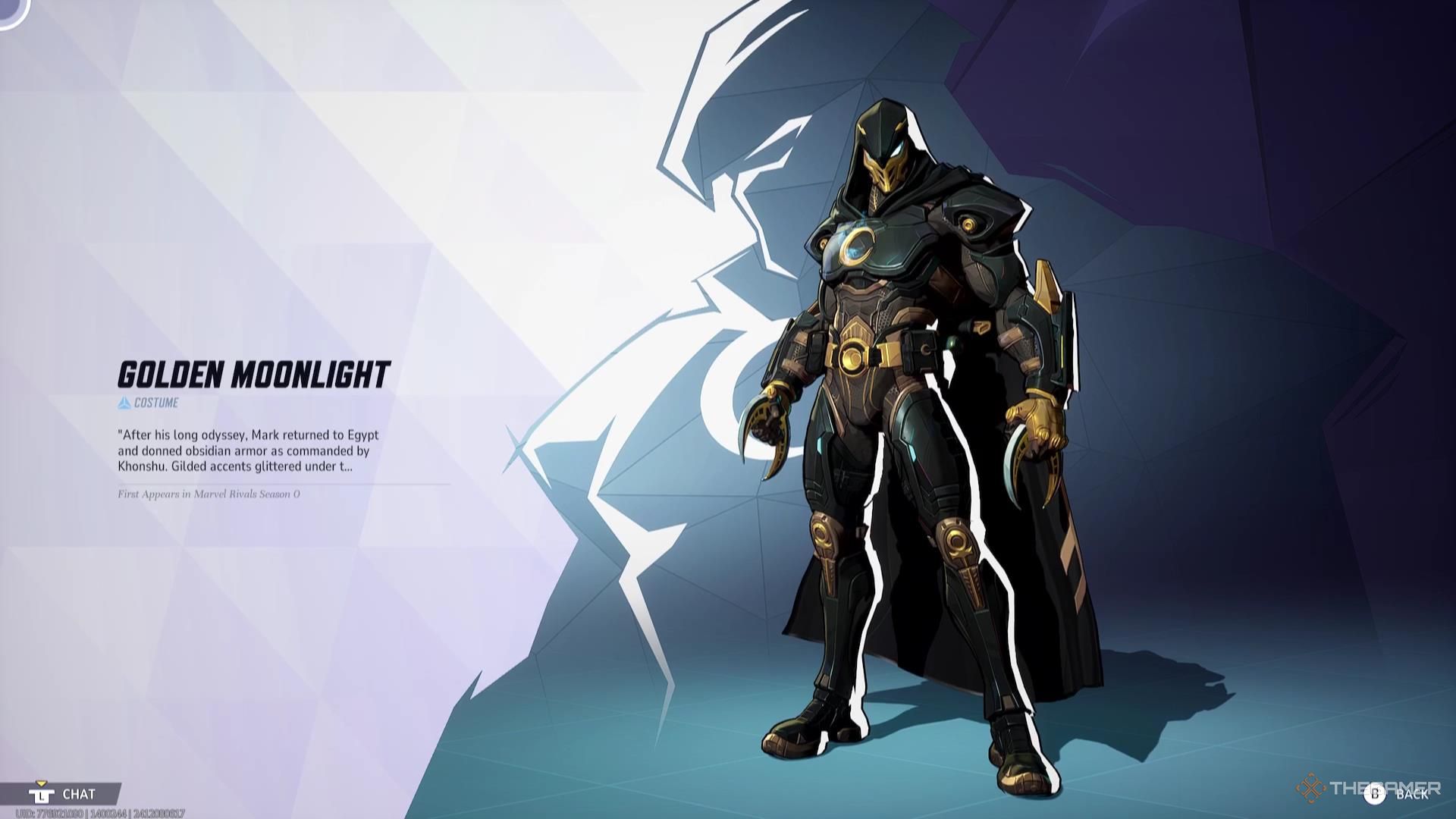 The Golden Moonlight Moon Knight costume in Marvel Rivals, obtained as a reward in Competitive.