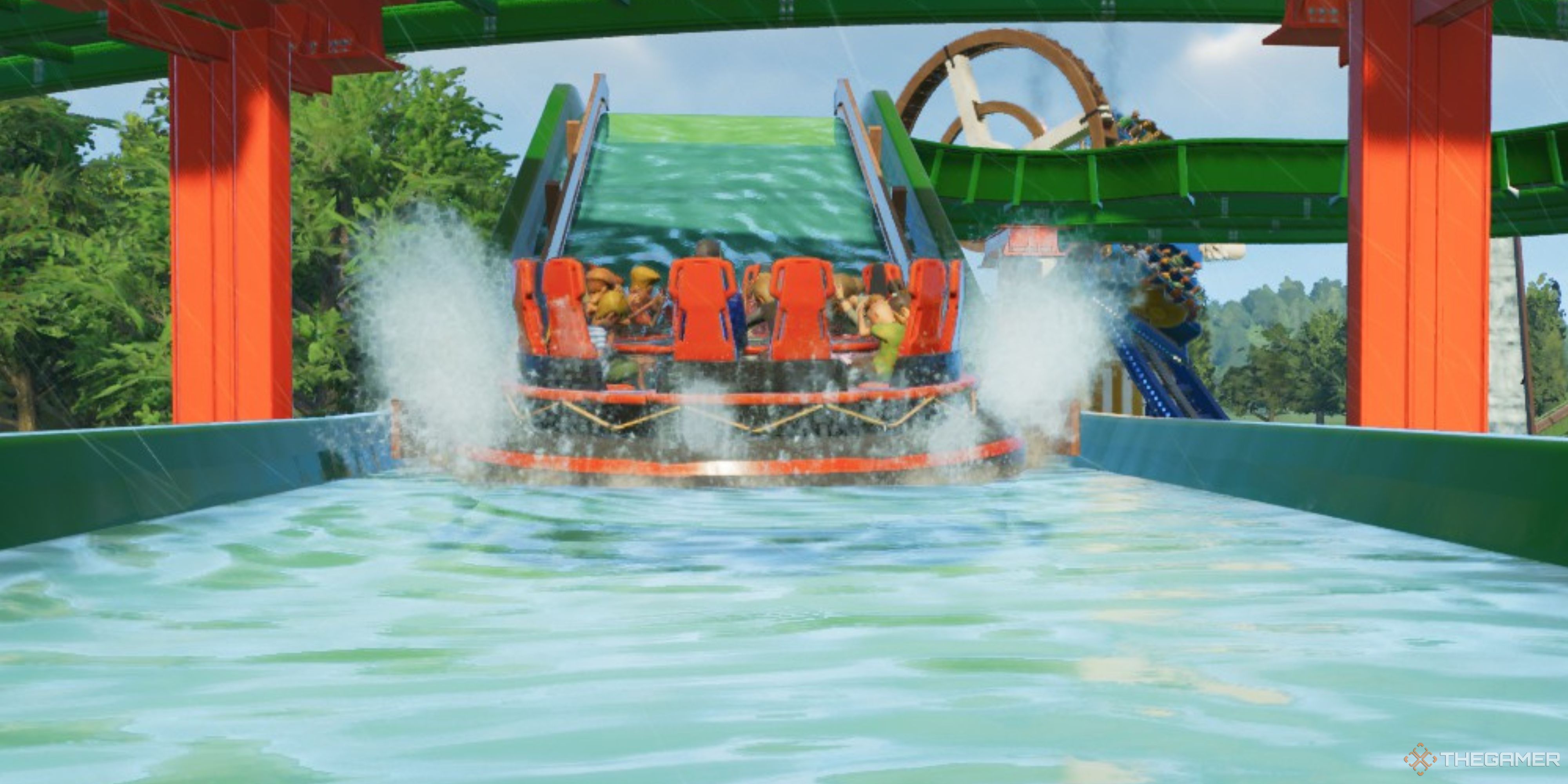 Guests riding a water ride splash down a small hill in Planet Coaster 2.