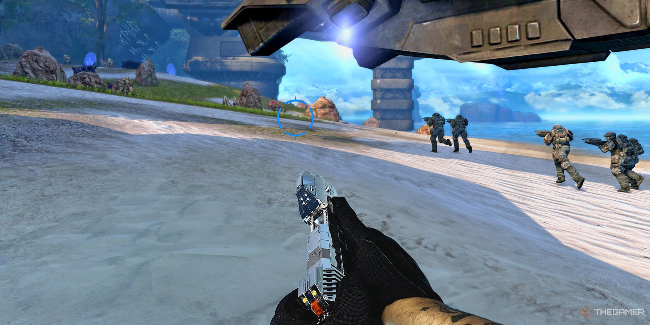 Halo CE player holding a Magnum but its made of Lego.