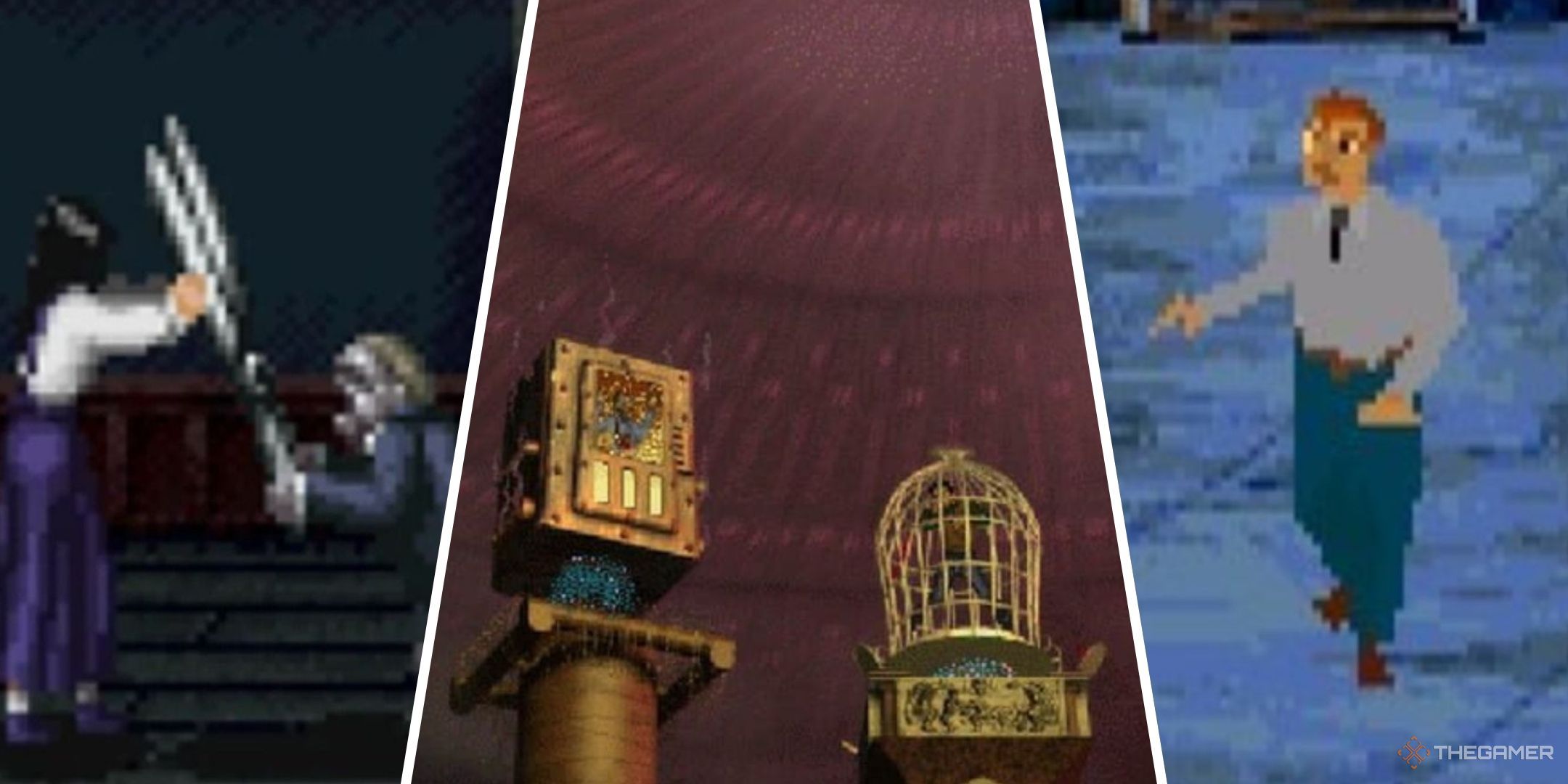 Three-image collage of scenes from Clock Tower, I Have No Mouth, And I Must Scream, and Alone in the Dark 3.