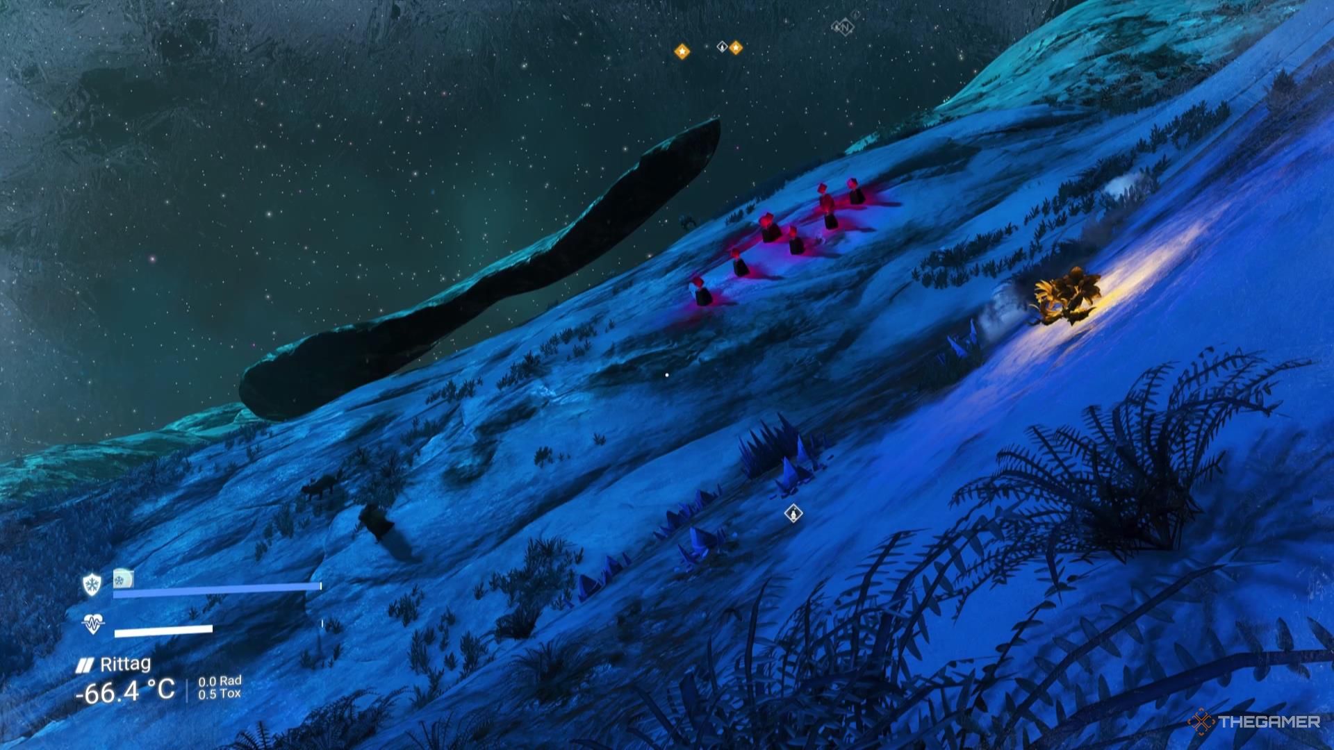 A frozen planet in No Man's Sky, with a temperatue of -66C.