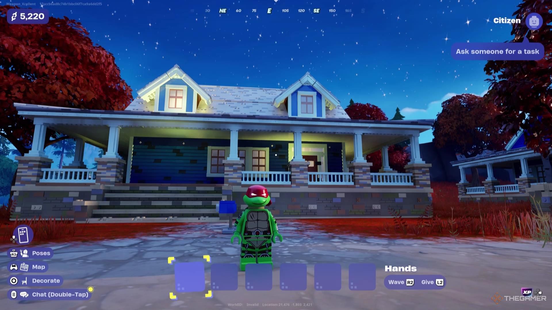 Raphael stands in front of his house in Lego Fortnite Brick Life.