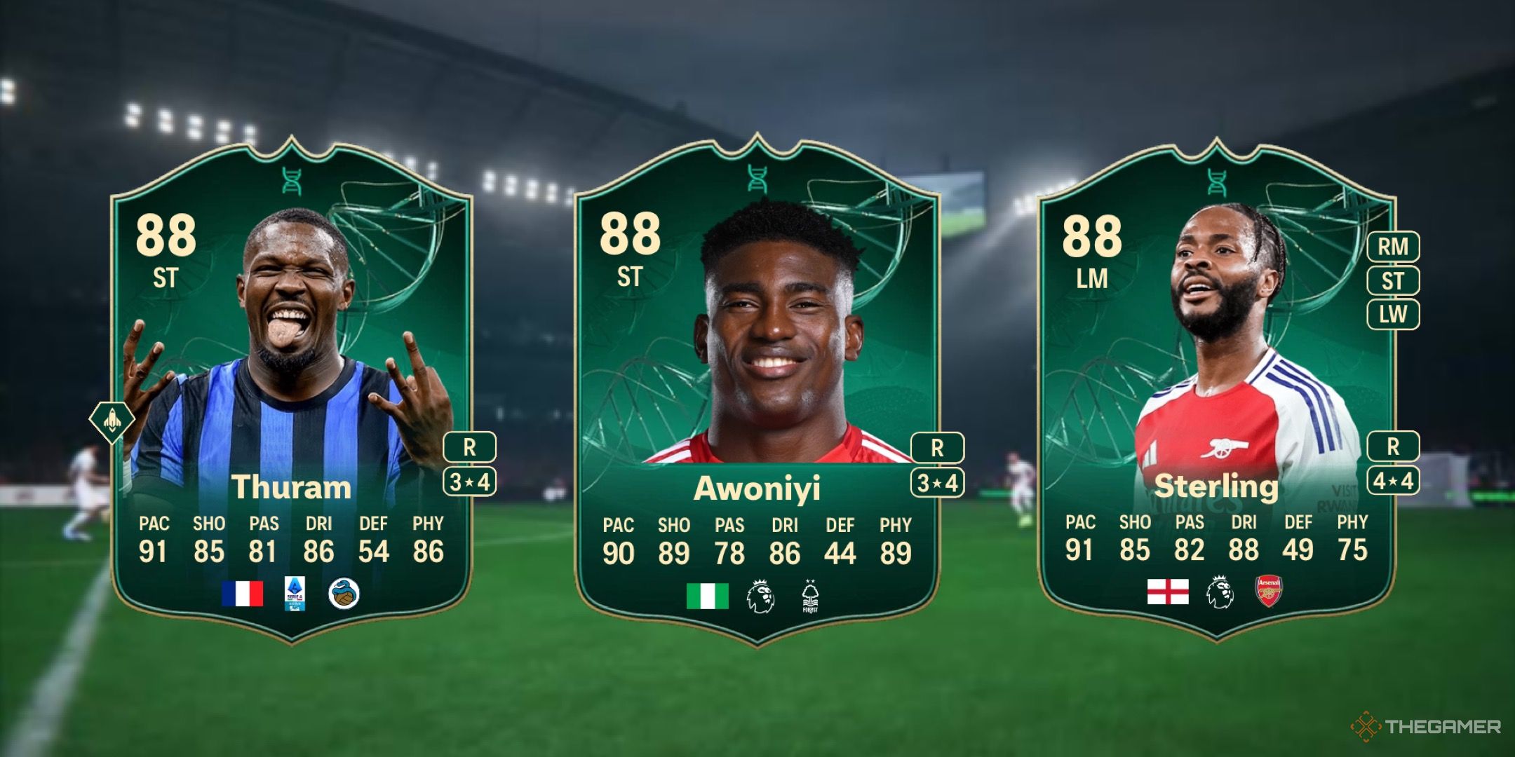 بهترین انتخابهای تکامل دفاعی در EA Sports FC 25 8 تصویری که کارت تورام، آوونی و استرلینگ را در پس زمینه زمین محو شده نشان می دهد.